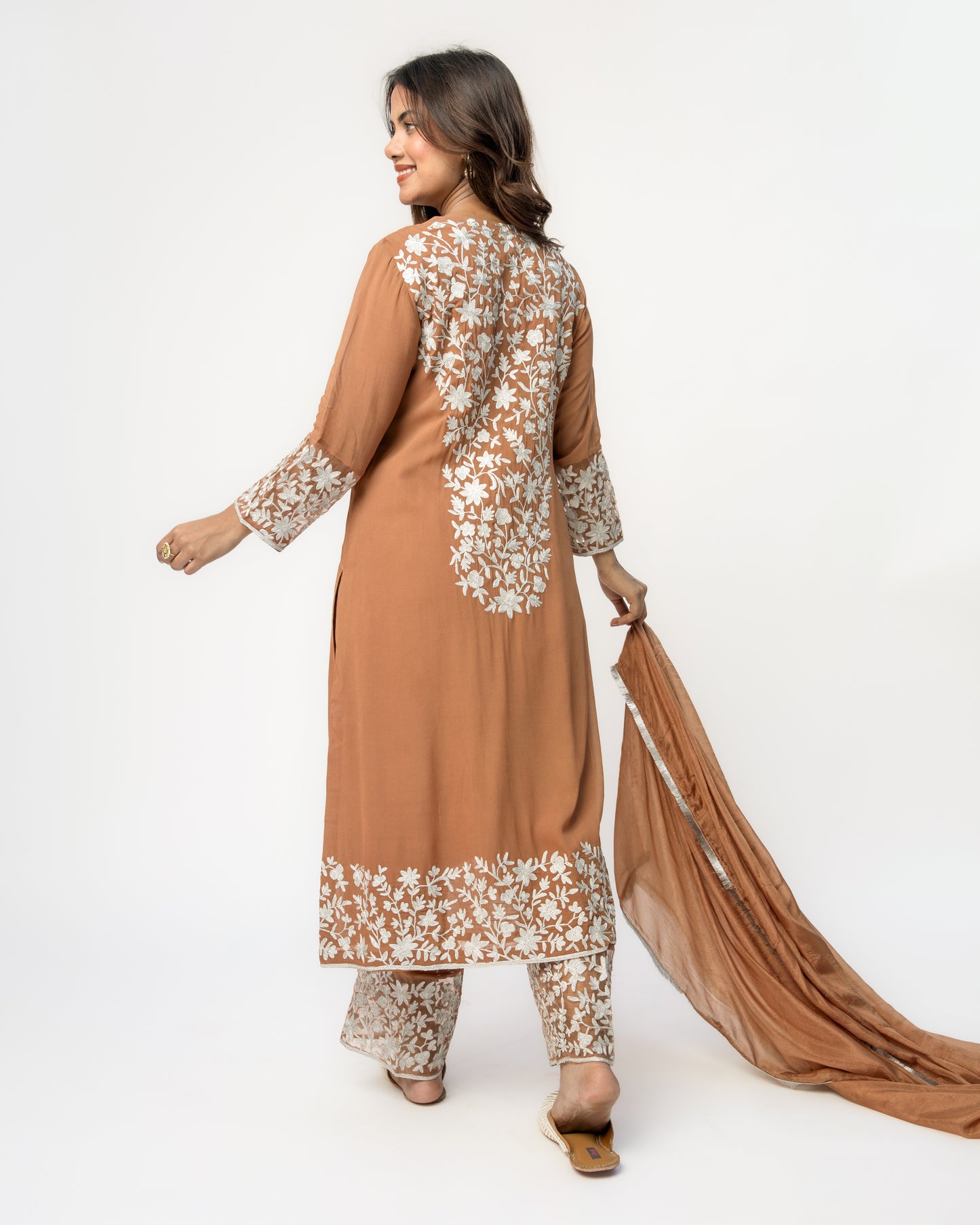 Brown Georgette Tunic Set with Silver Aari Work
