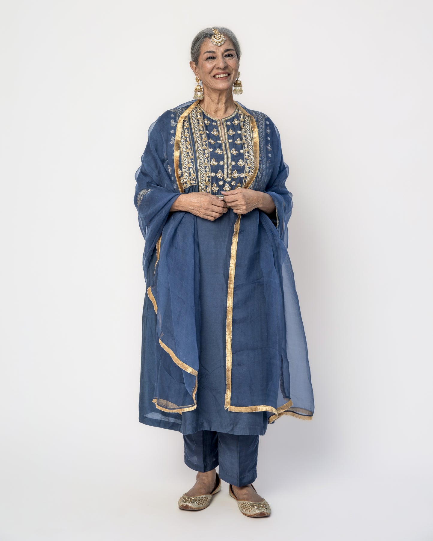 Royal Blue Tunic Set with Gold Embroidery