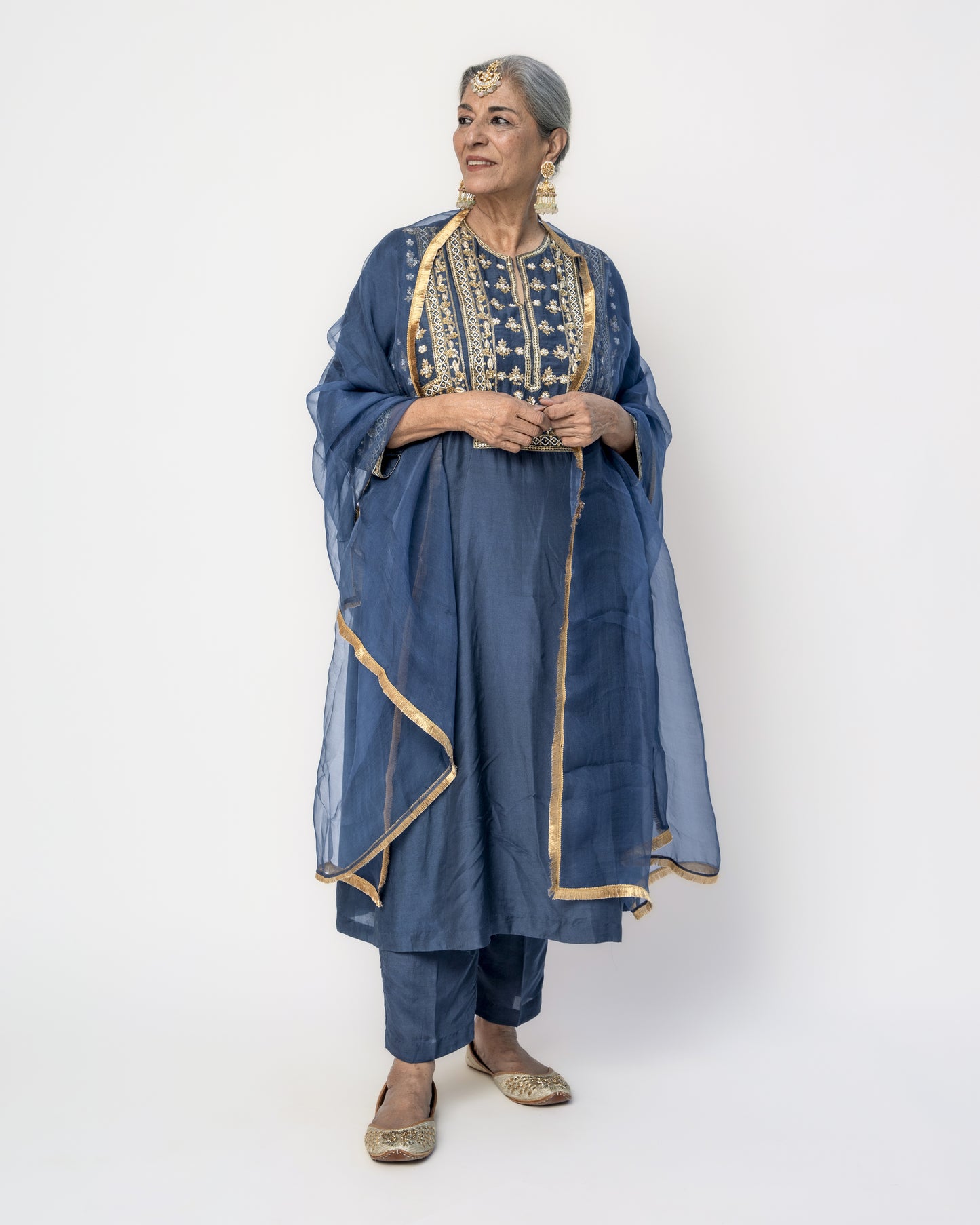 Royal Blue Tunic Set with Gold Embroidery