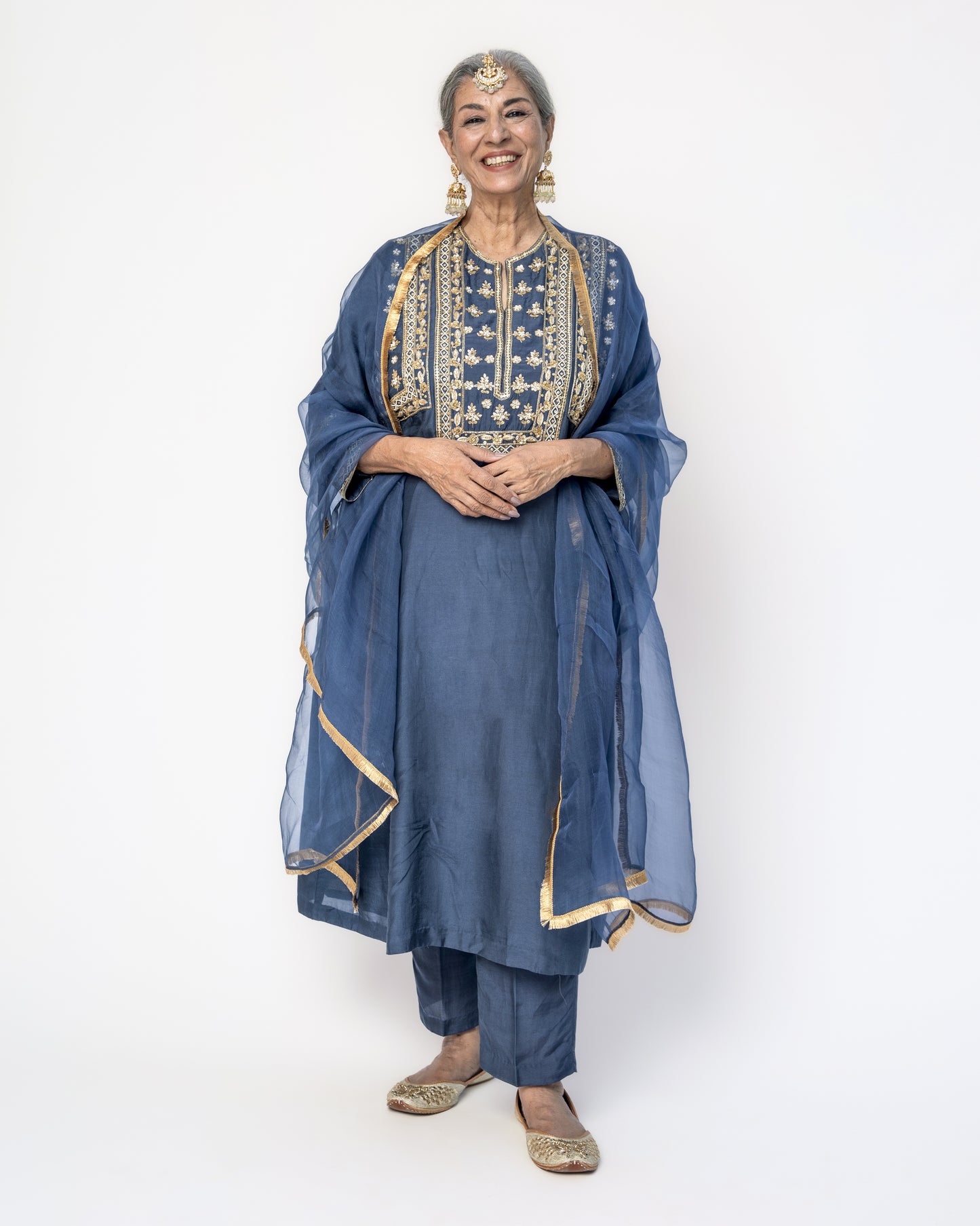 Royal Blue Tunic Set with Gold Embroidery