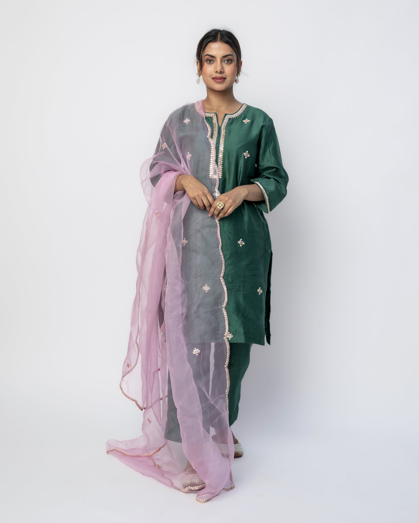 Bottle Green Tunic Set with Pink Organza Dupatta, Resham French Knot Embroidery