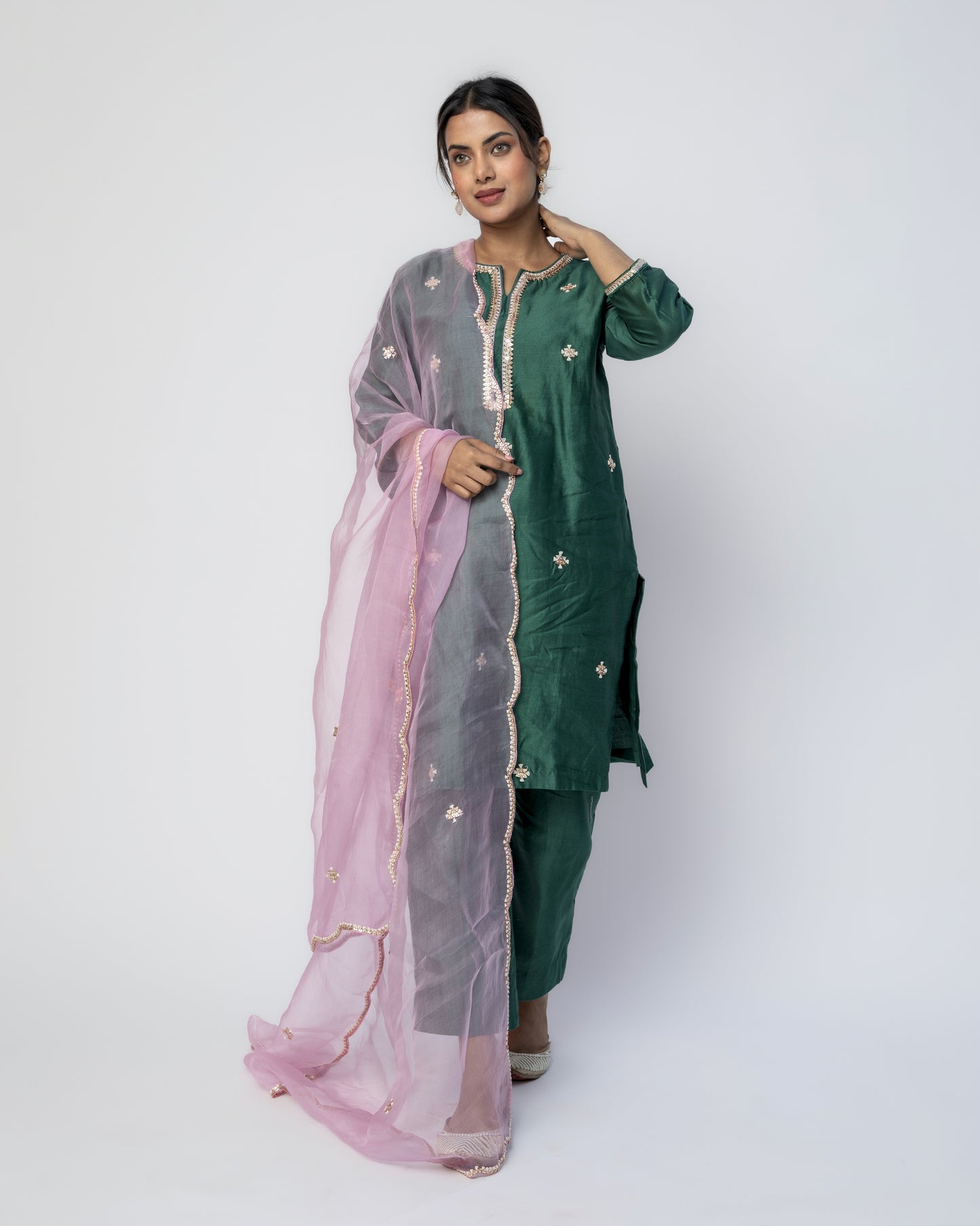 Bottle Green Tunic Set with Pink Organza Dupatta, Resham French Knot Embroidery