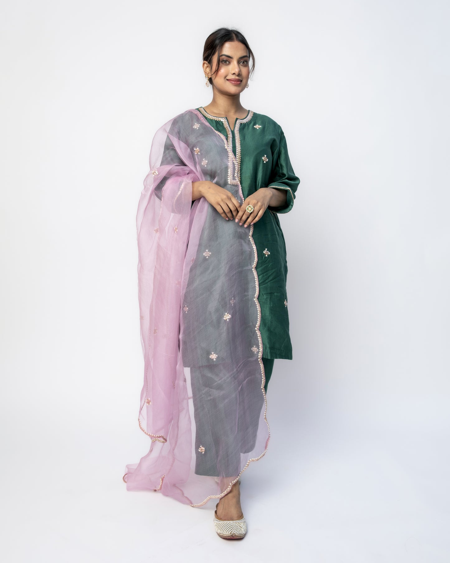 Bottle Green Tunic Set with Pink Organza Dupatta, Resham French Knot Embroidery
