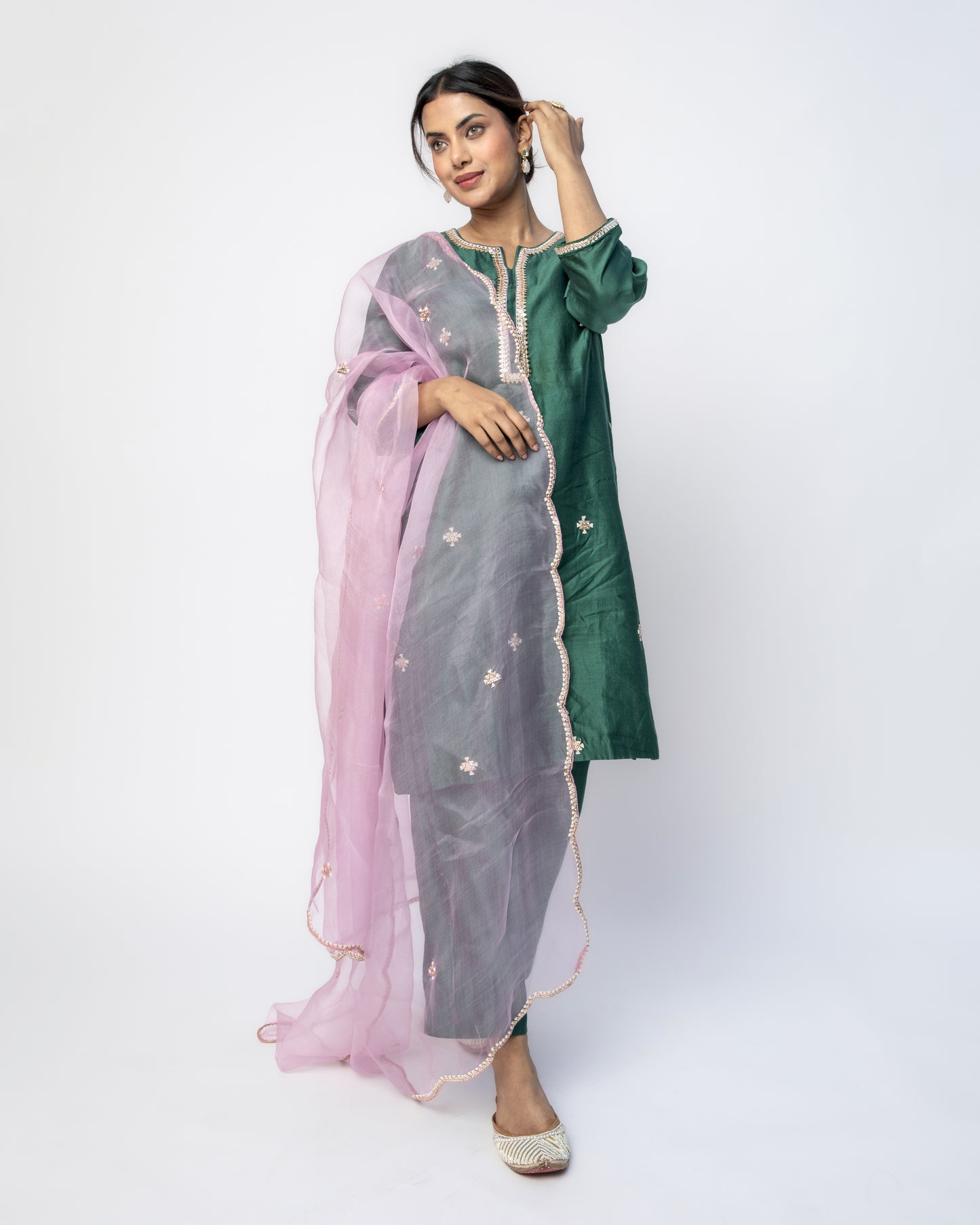 Bottle Green Tunic Set with Pink Organza Dupatta, Resham French Knot Embroidery