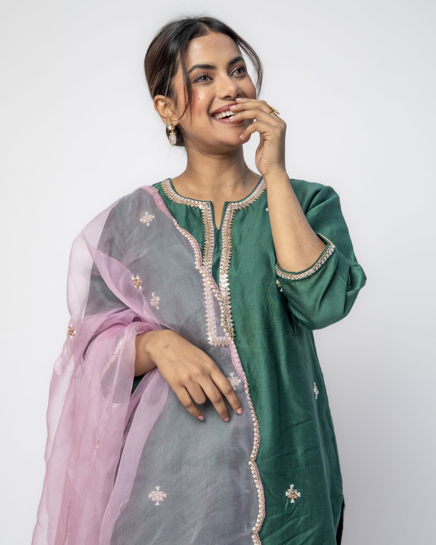 Bottle Green Tunic Set with Pink Organza Dupatta, Resham French Knot Embroidery