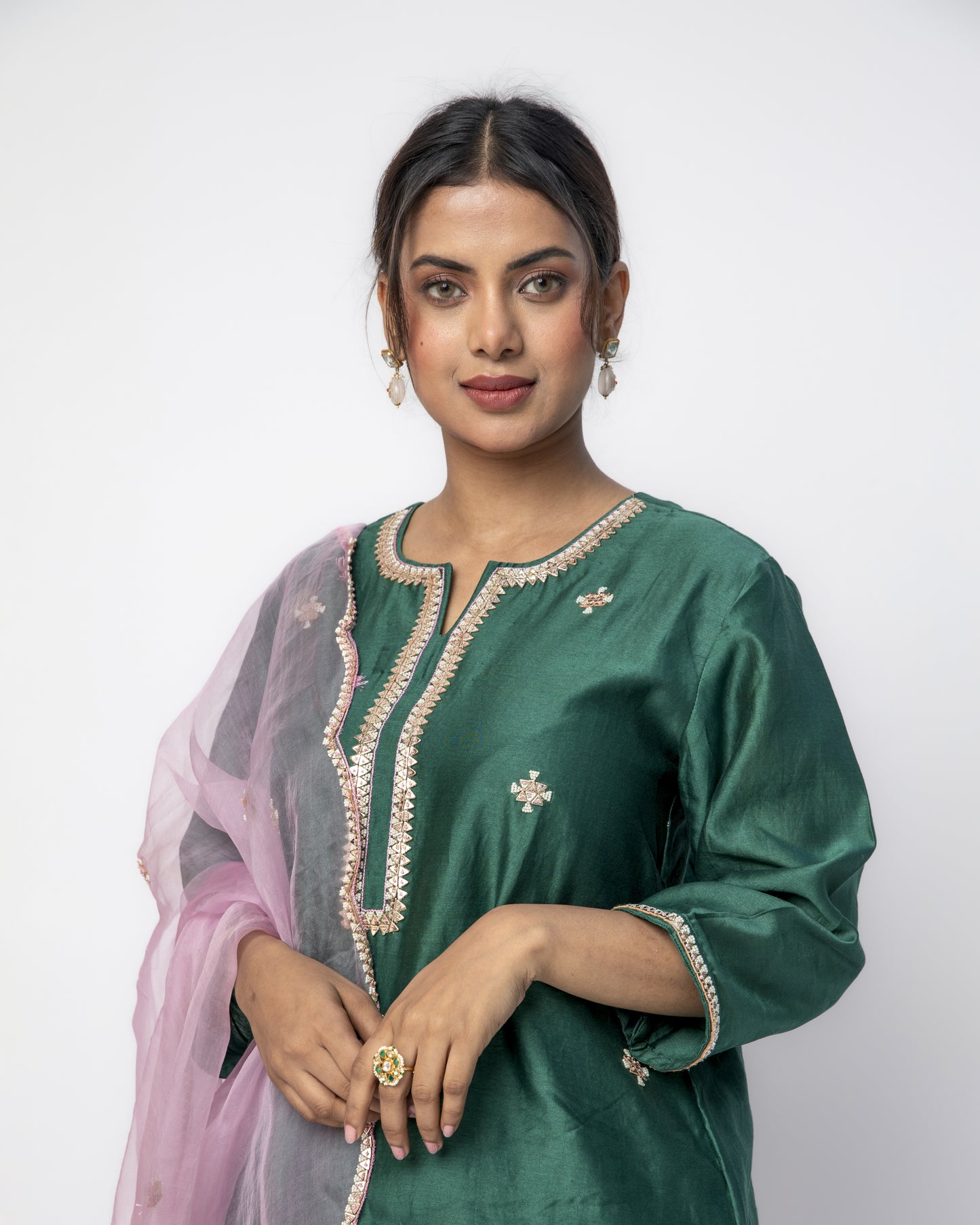Bottle Green Tunic Set with Pink Organza Dupatta, Resham French Knot Embroidery