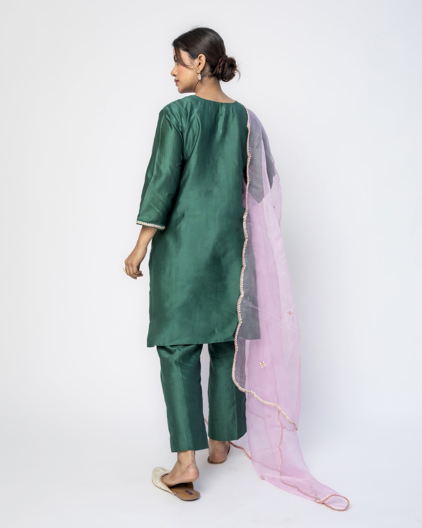 Bottle Green Tunic Set with Pink Organza Dupatta, Resham French Knot Embroidery