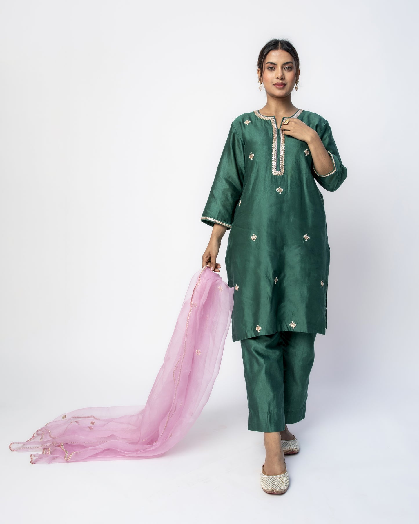 Bottle Green Tunic Set with Pink Organza Dupatta, Resham French Knot Embroidery