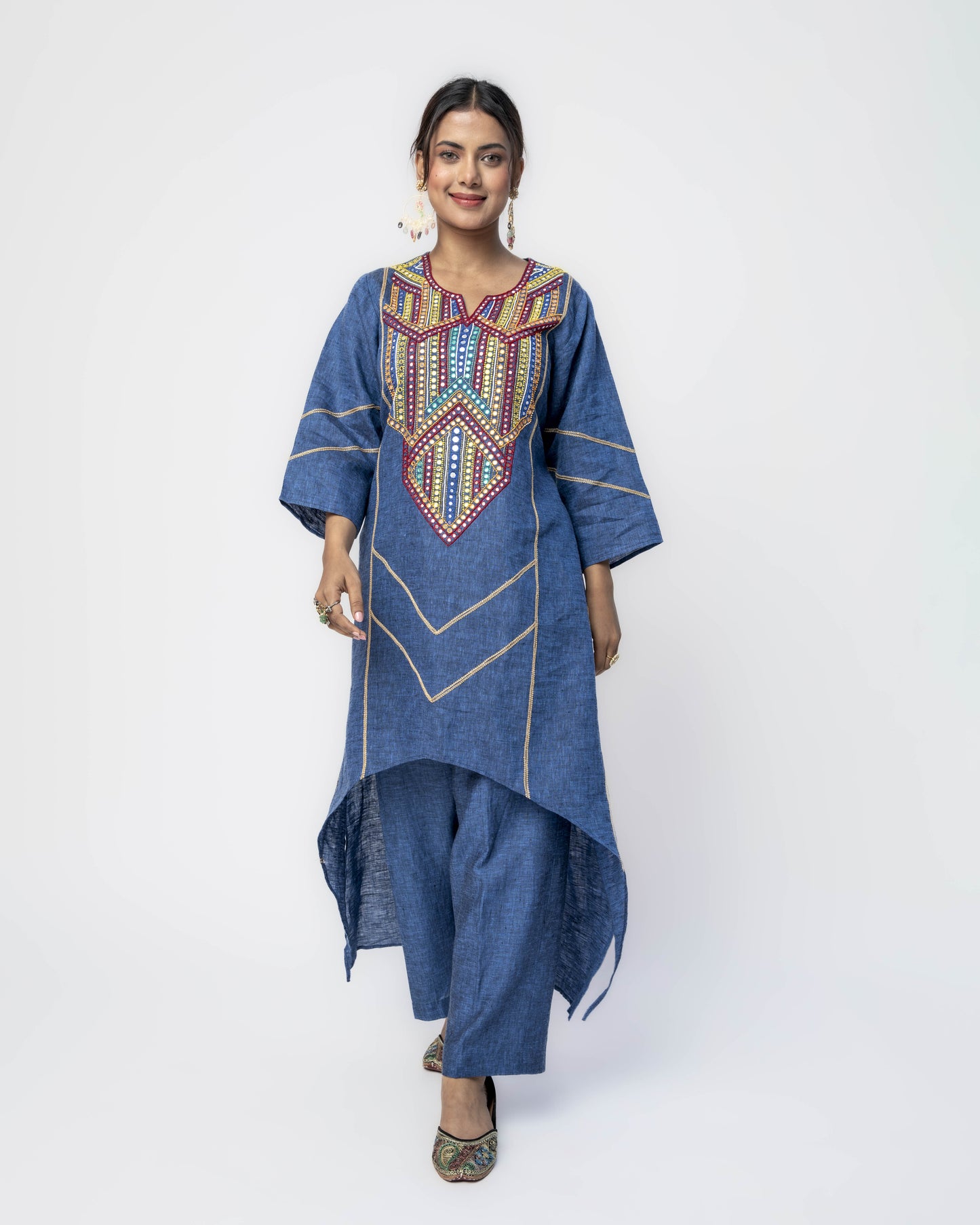 Space Blue Asymmetrical Tunic Set with Multi Beads and Mirror