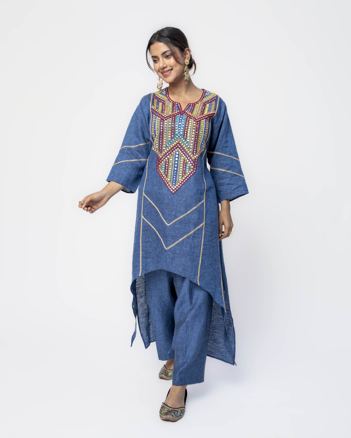 Space Blue Asymmetrical Tunic Set with Multi Beads and Mirror