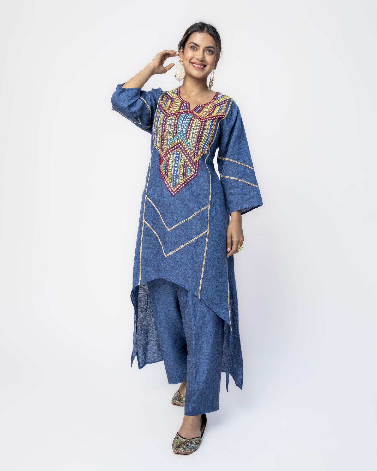 Space Blue Asymmetrical Tunic Set with Multi Beads and Mirror