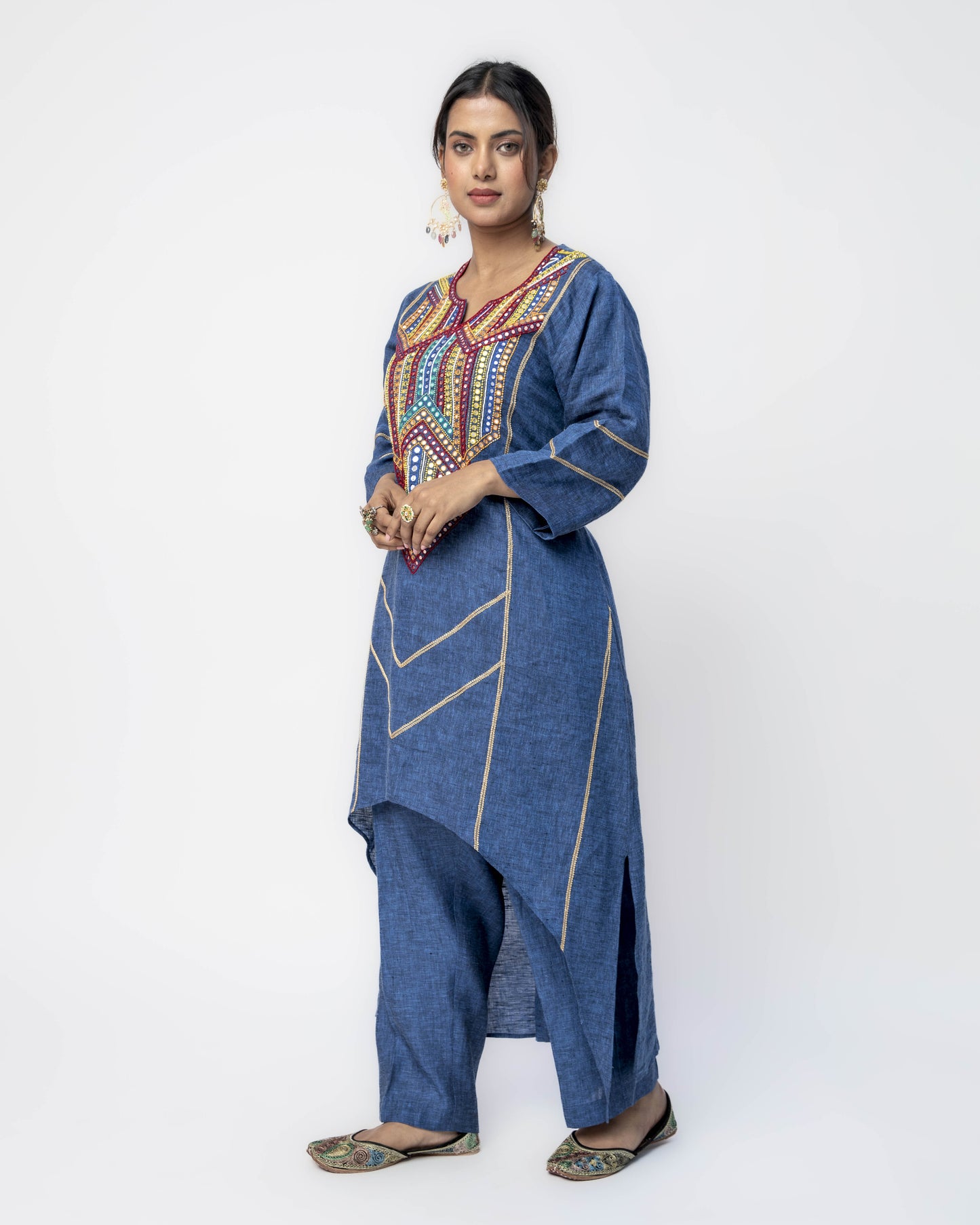 Space Blue Asymmetrical Tunic Set with Multi Beads and Mirror