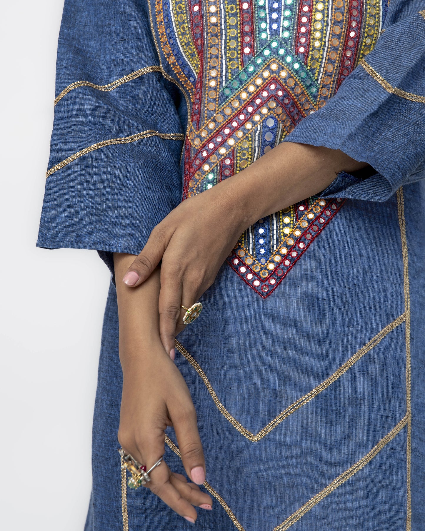 Space Blue Asymmetrical Tunic Set with Multi Beads and Mirror