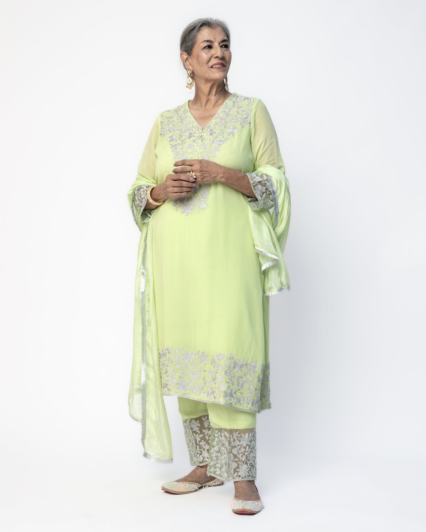 Pista Green Georgette Tunic Set with Silver Aari Work