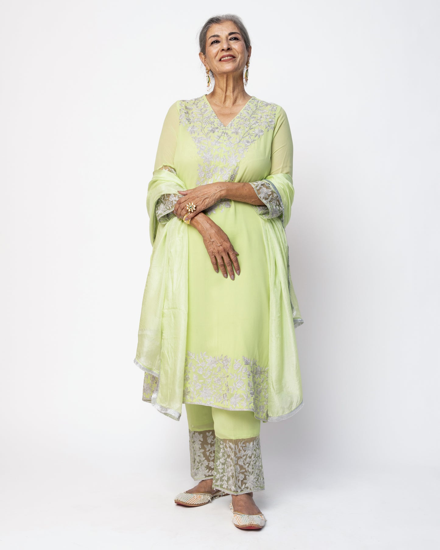 Pista Green Georgette Tunic Set with Silver Aari Work