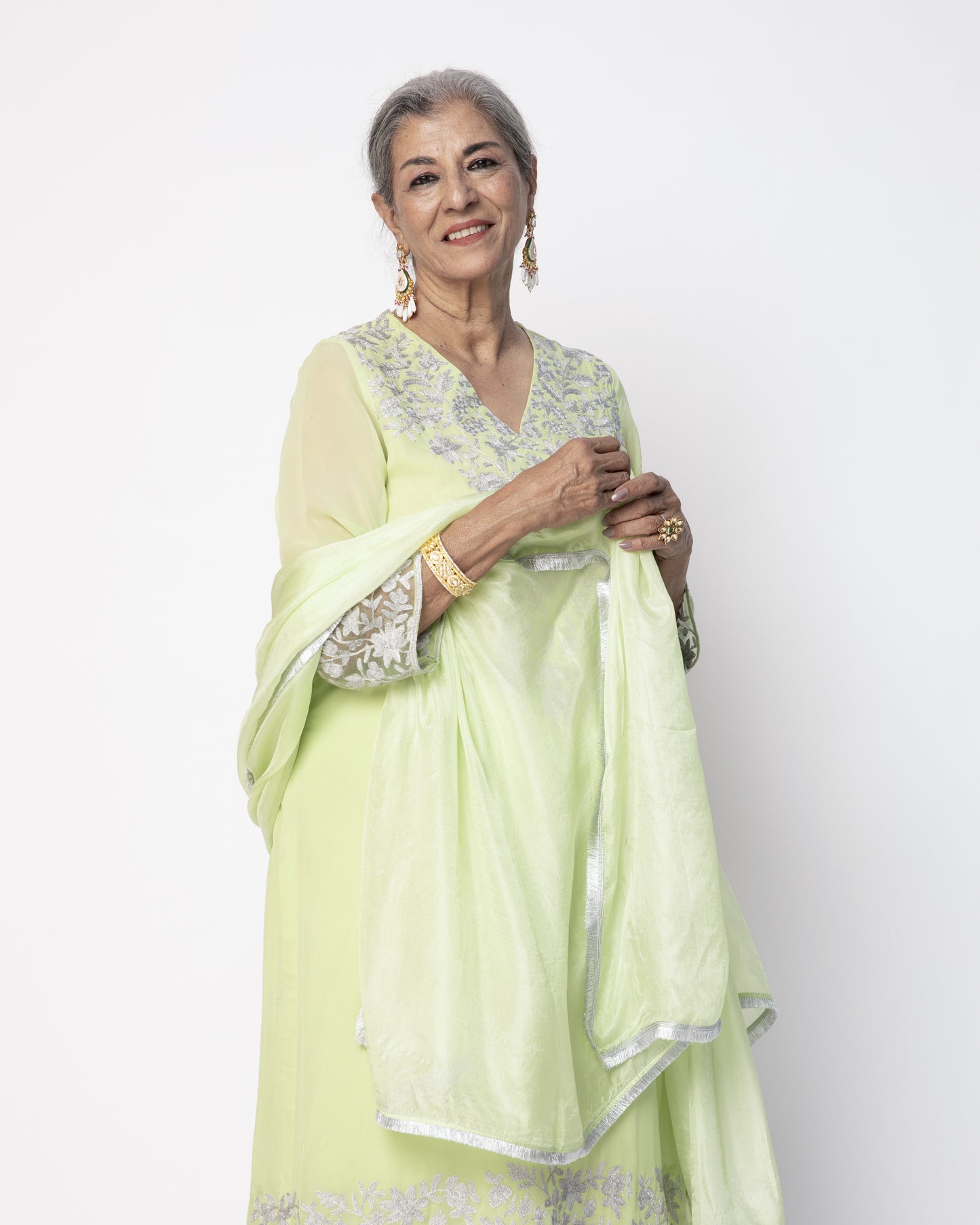Pista Green Georgette Tunic Set with Silver Aari Work