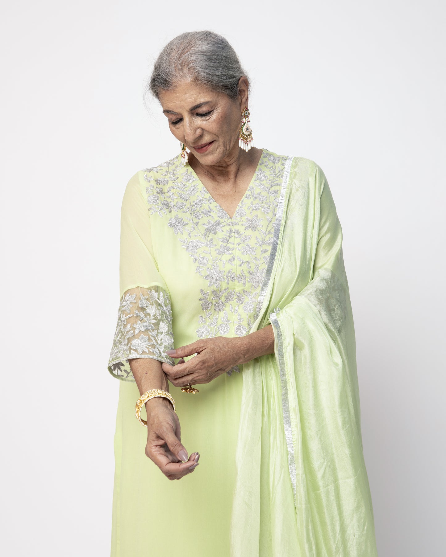 Pista Green Georgette Tunic Set with Silver Aari Work