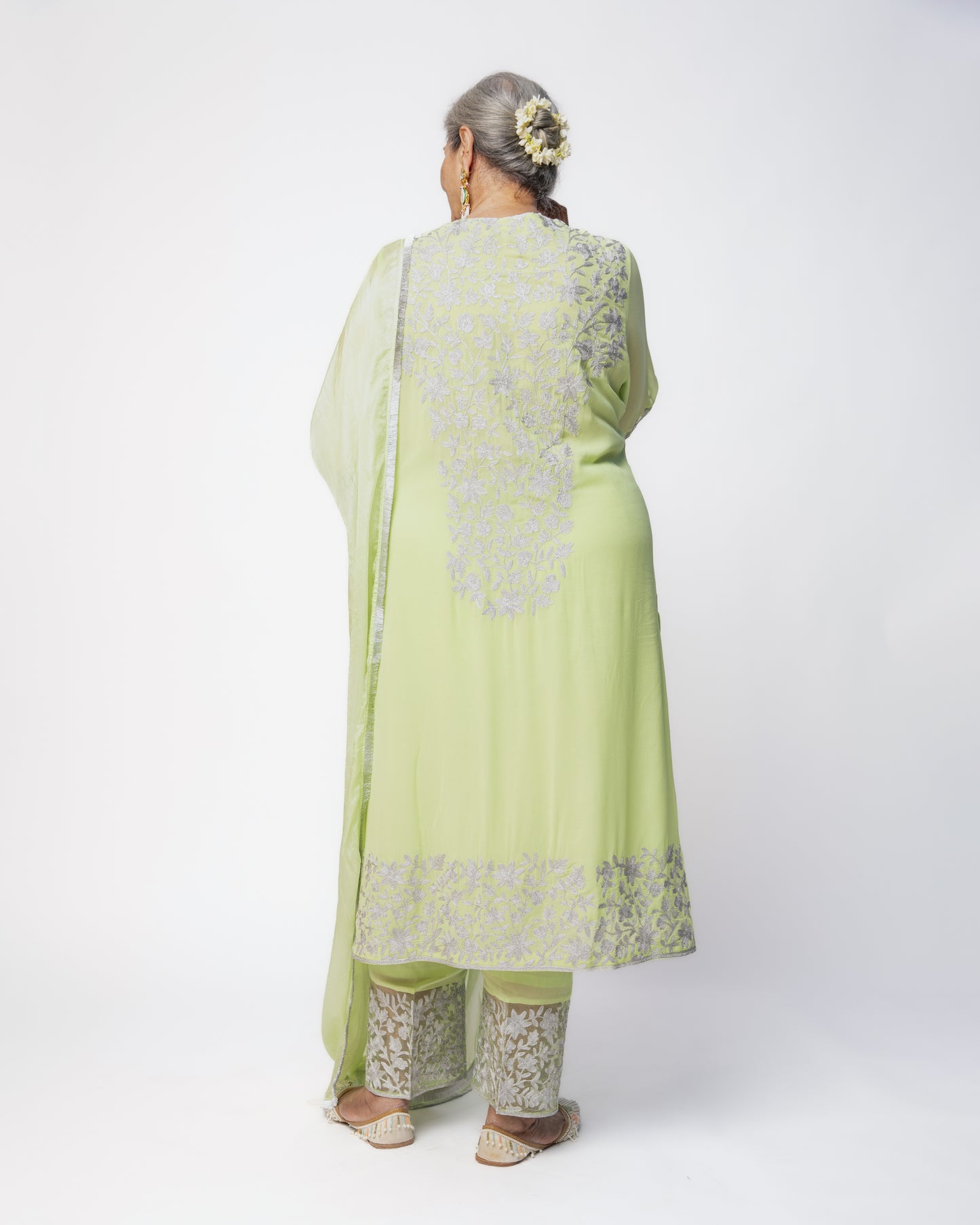 Pista Green Georgette Tunic Set with Silver Aari Work