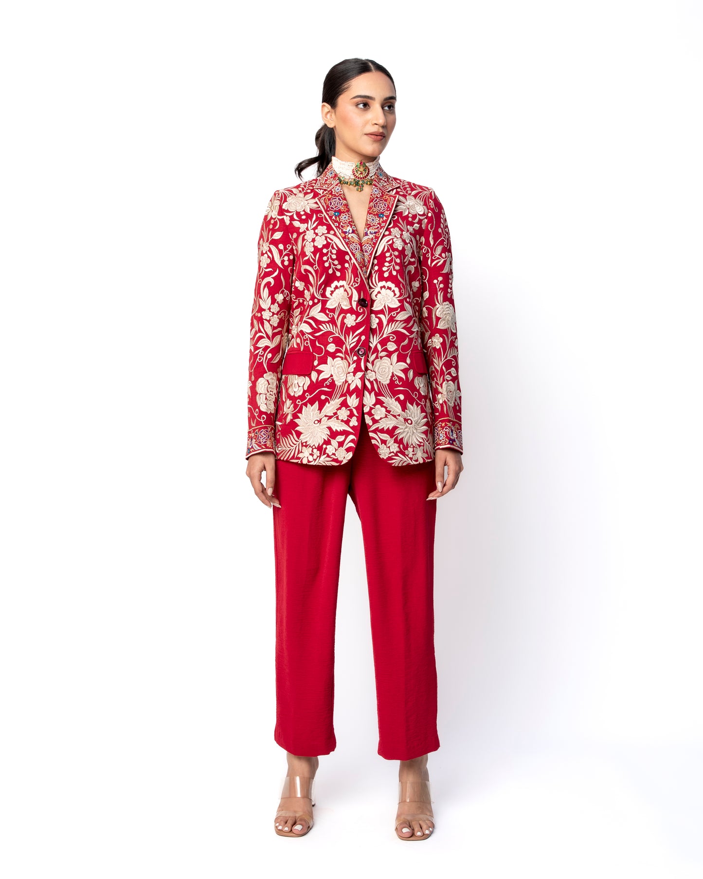 Maroon Jacket and Pant with Parsi Embroidered Blazer