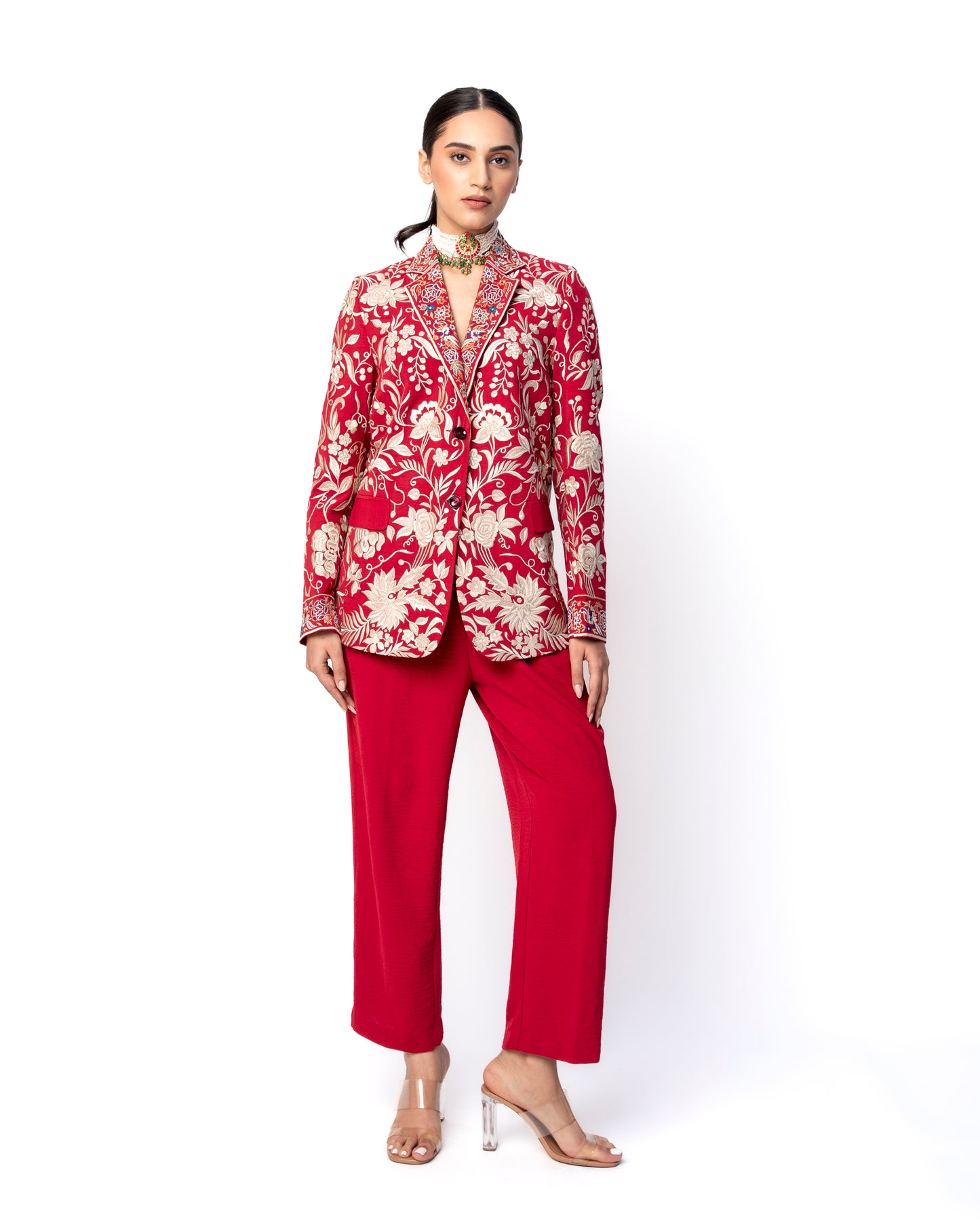 Maroon Jacket and Pant with Parsi Embroidered Blazer