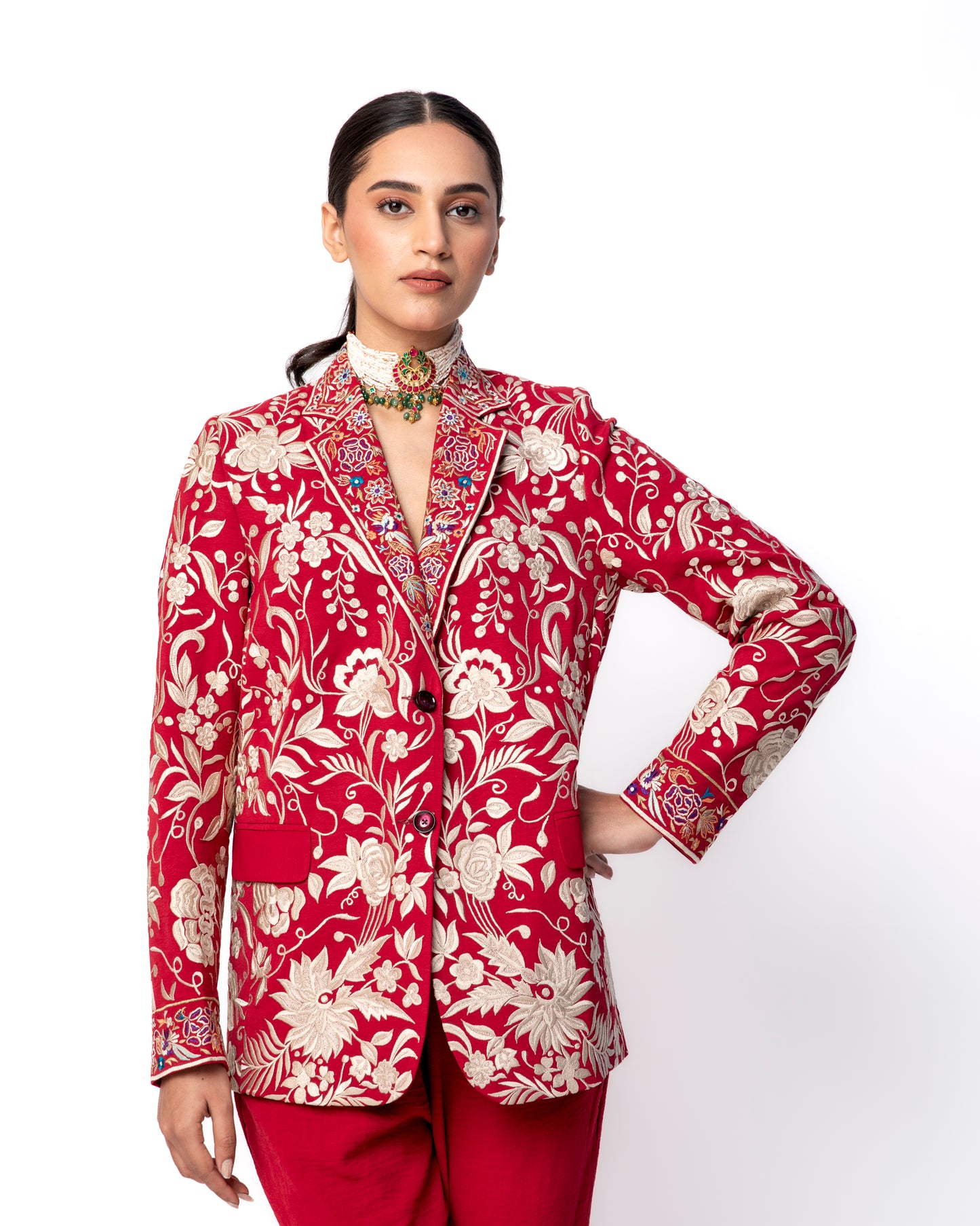 Maroon Jacket and Pant with Parsi Embroidered Blazer