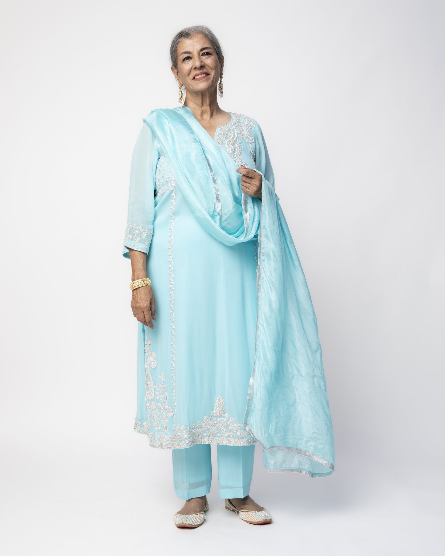 Firozi Georgette Tunic Set with Tabby Silk Dupatta