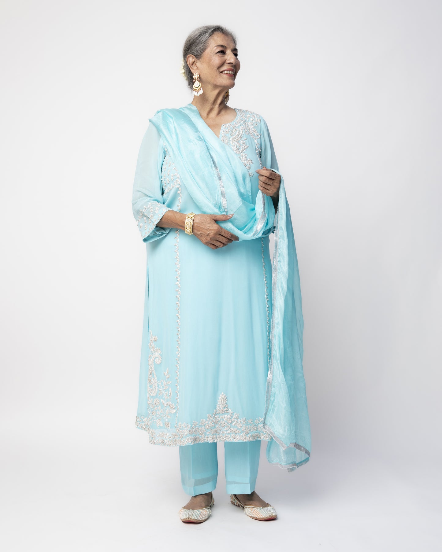 Firozi Georgette Tunic Set with Tabby Silk Dupatta