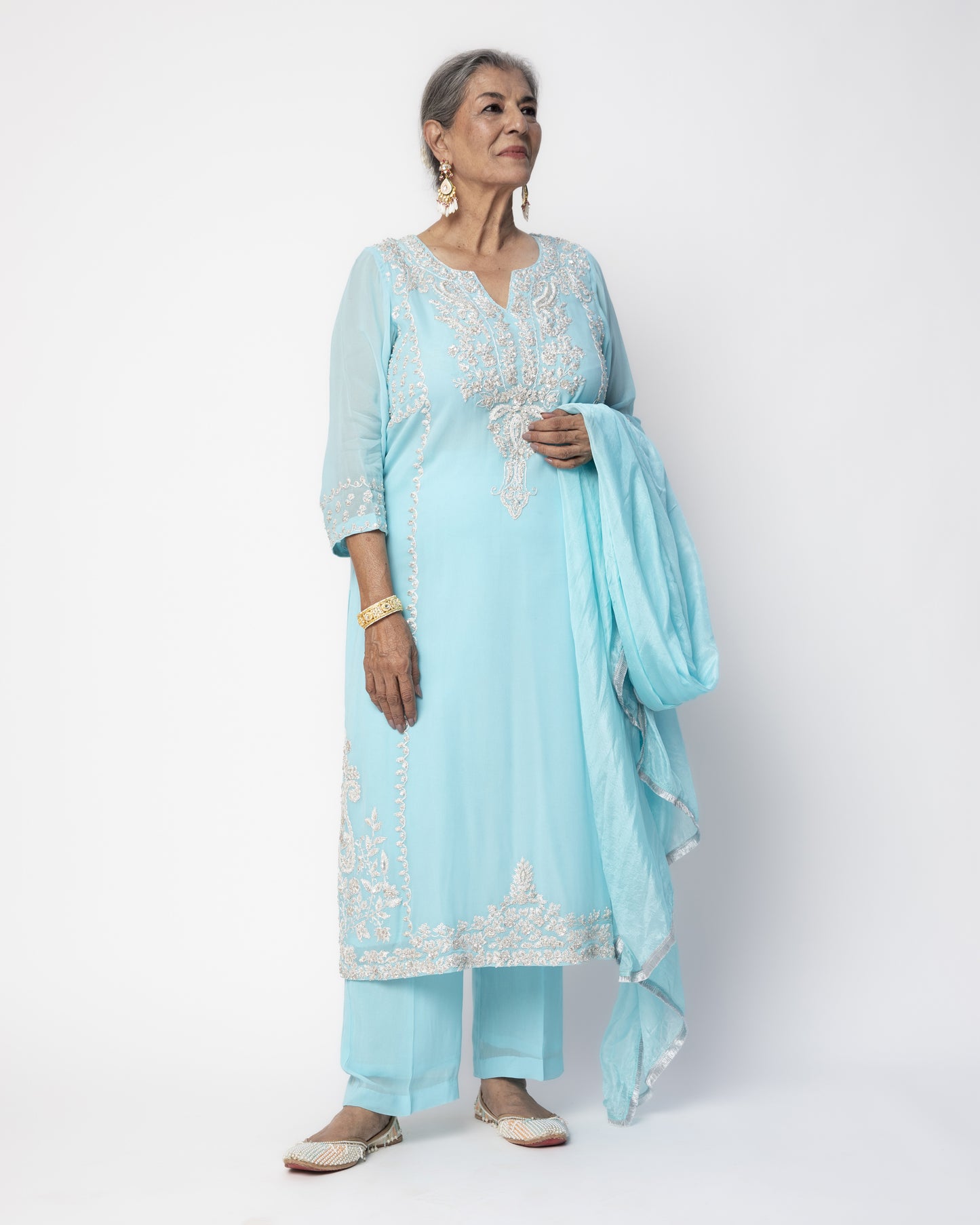 Firozi Georgette Tunic Set with Tabby Silk Dupatta