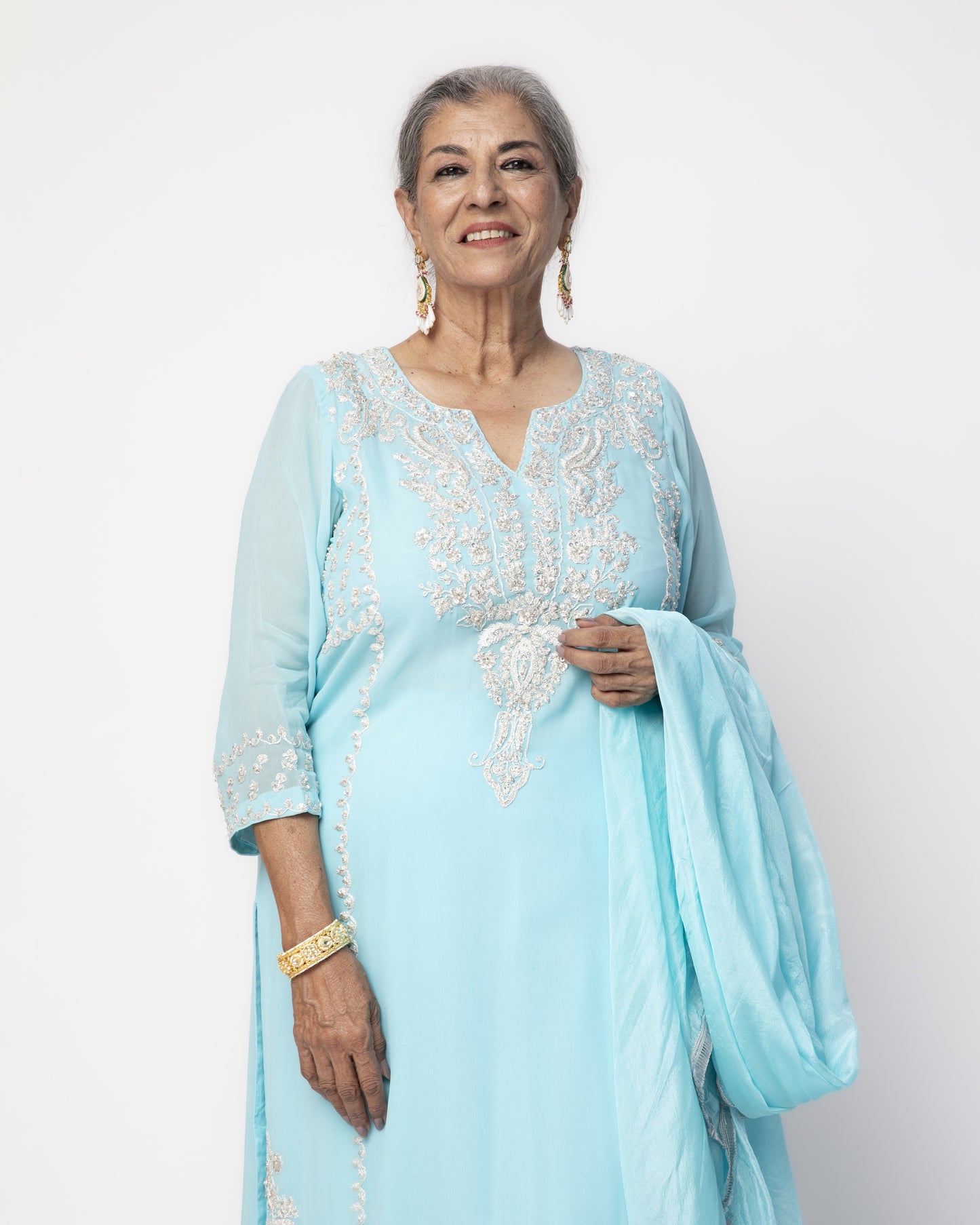 Firozi Georgette Tunic Set with Tabby Silk Dupatta