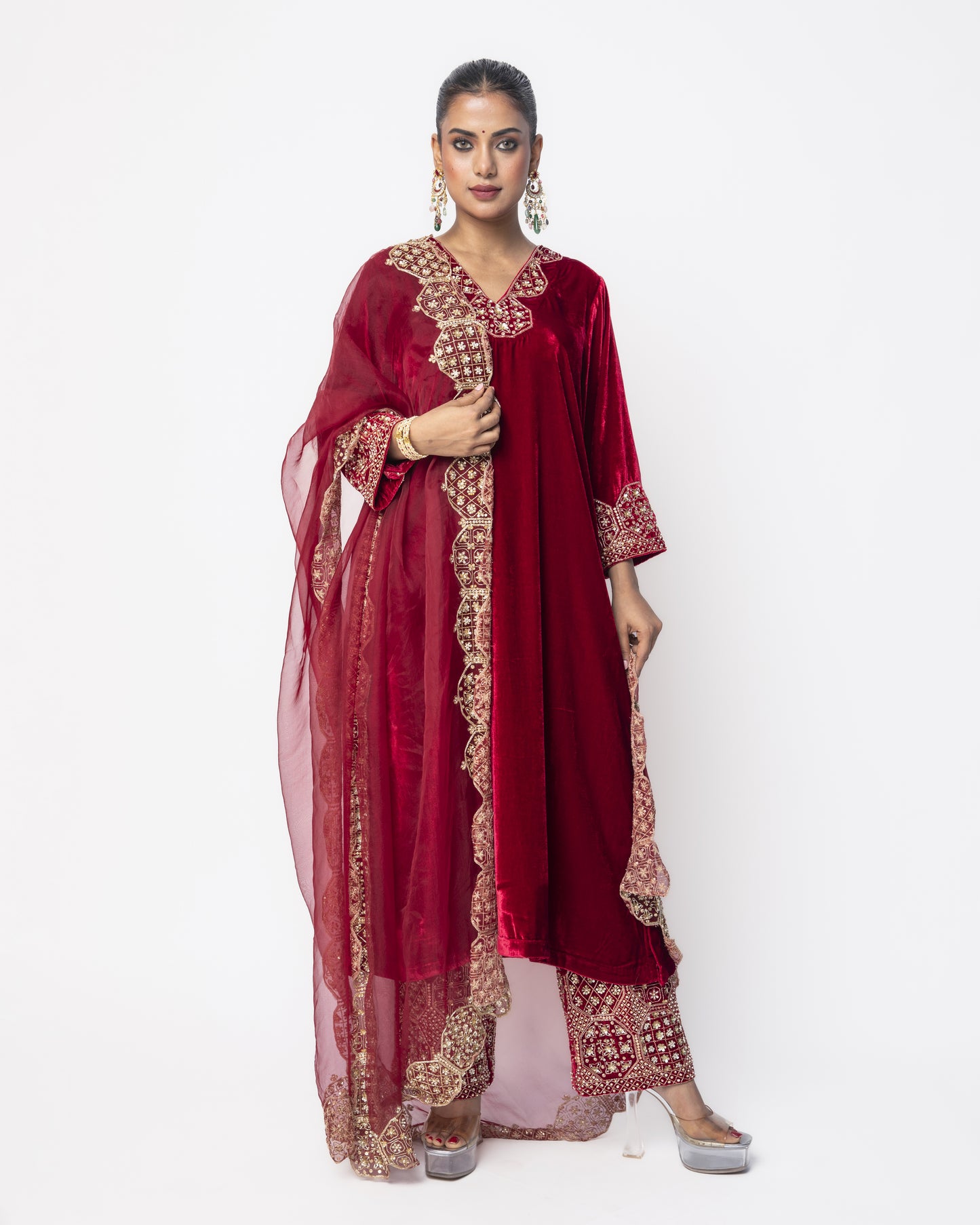 Red Velvet Embroidery Tunic Set