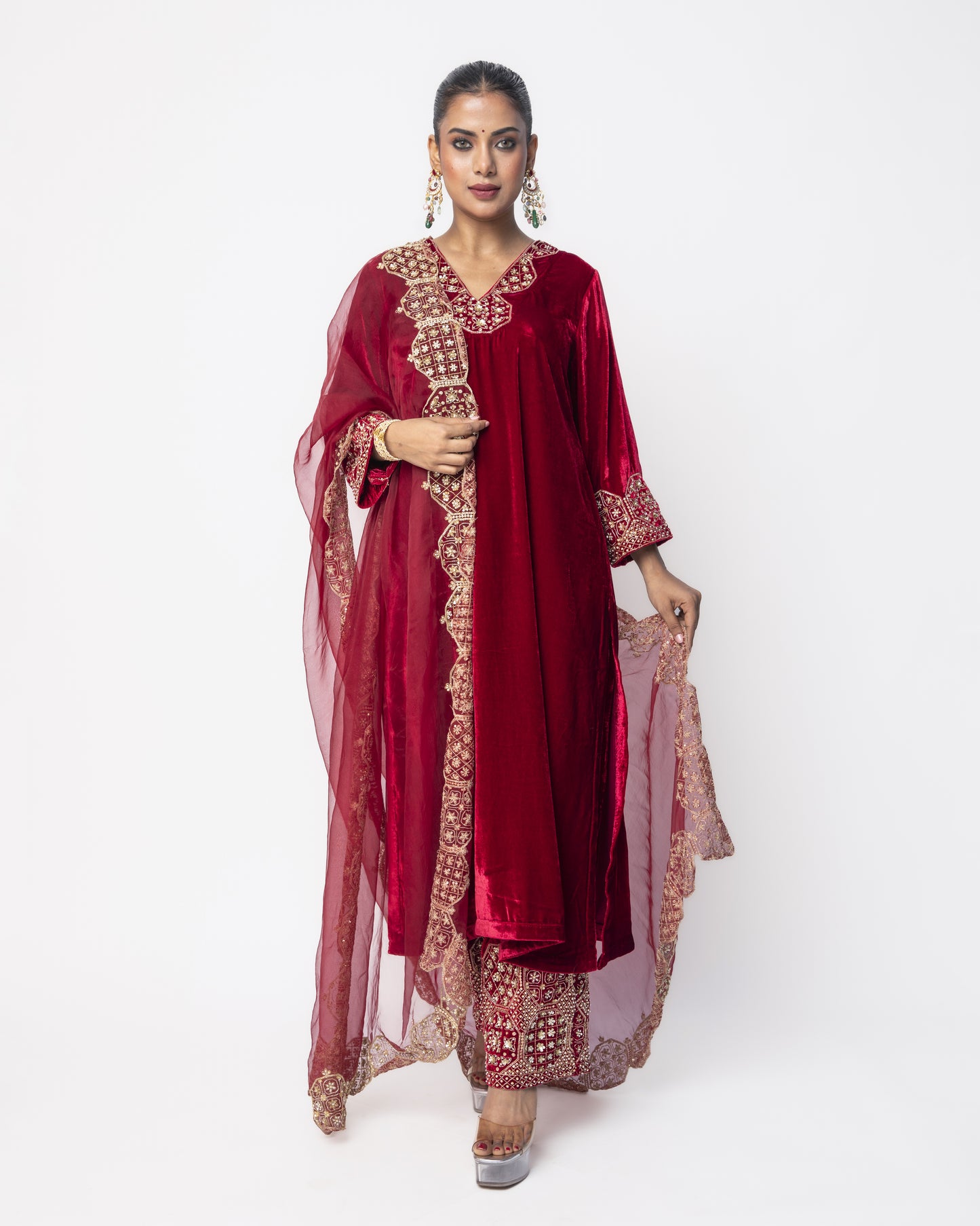 Red Velvet Embroidery Tunic Set