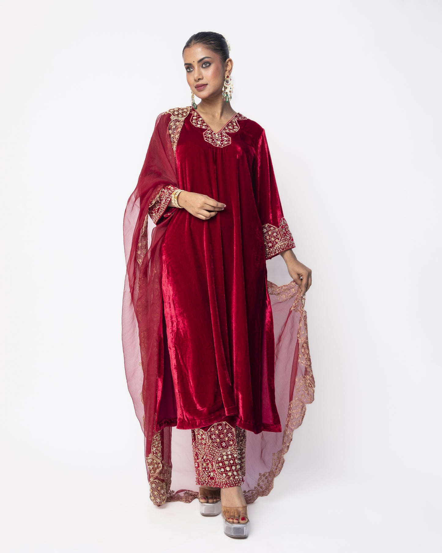 Red Velvet Embroidery Tunic Set
