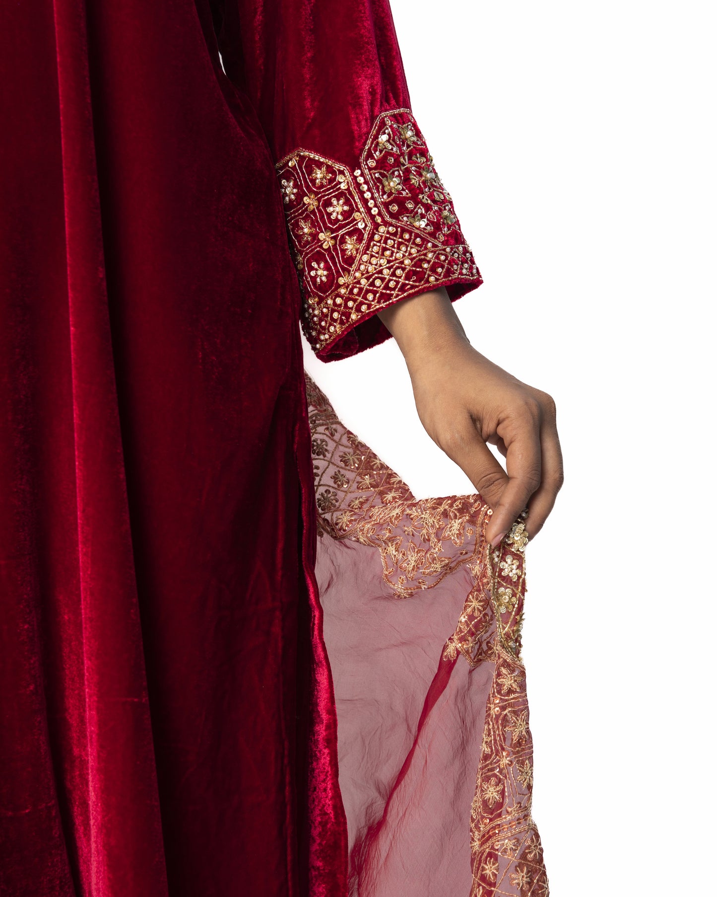 Red Velvet Embroidery Tunic Set