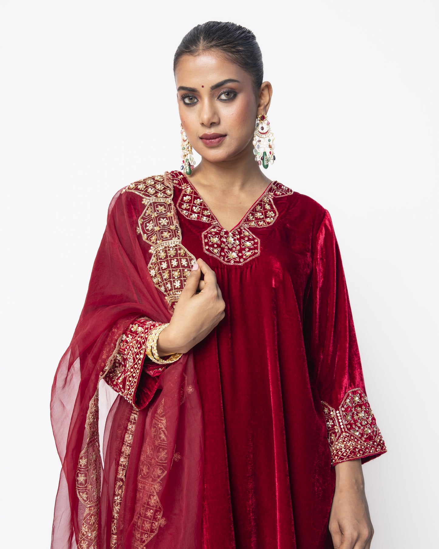 Red Velvet Embroidery Tunic Set