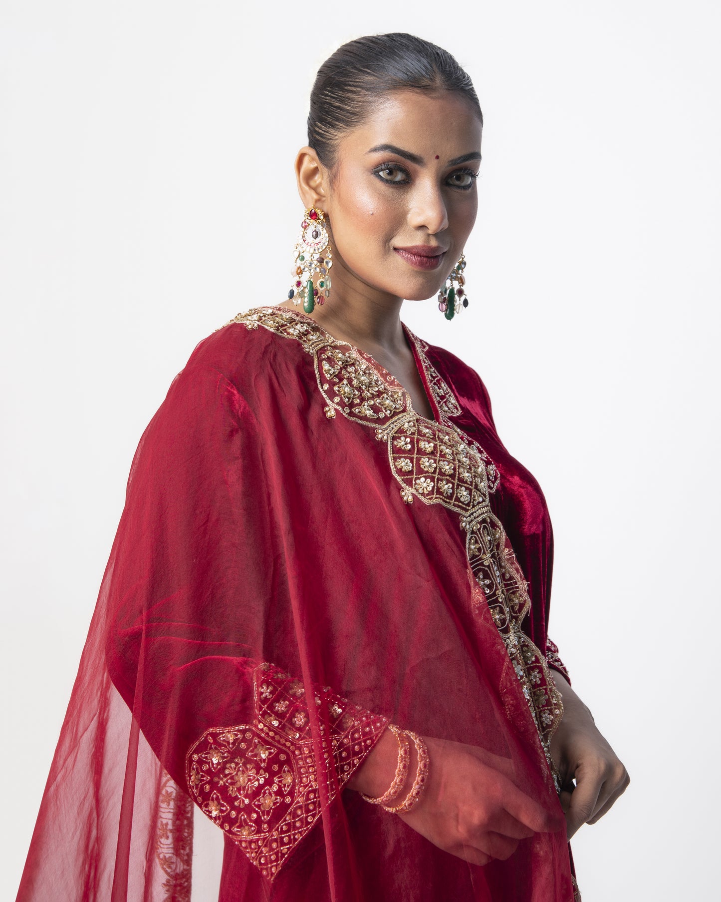 Red Velvet Embroidery Tunic Set