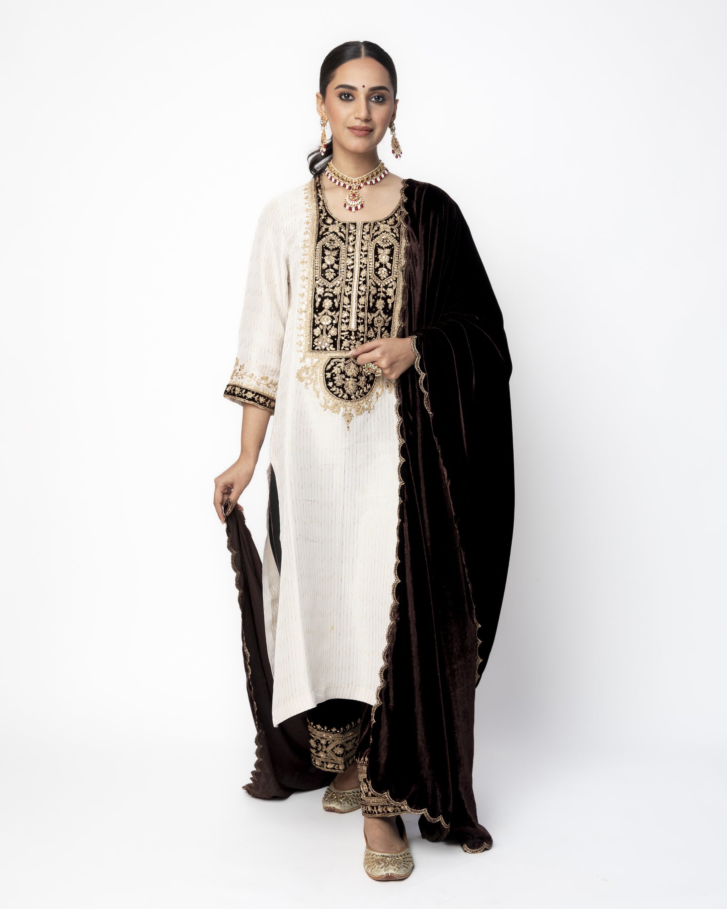 White and Brown Brocade Tunic with Velvet Pants
