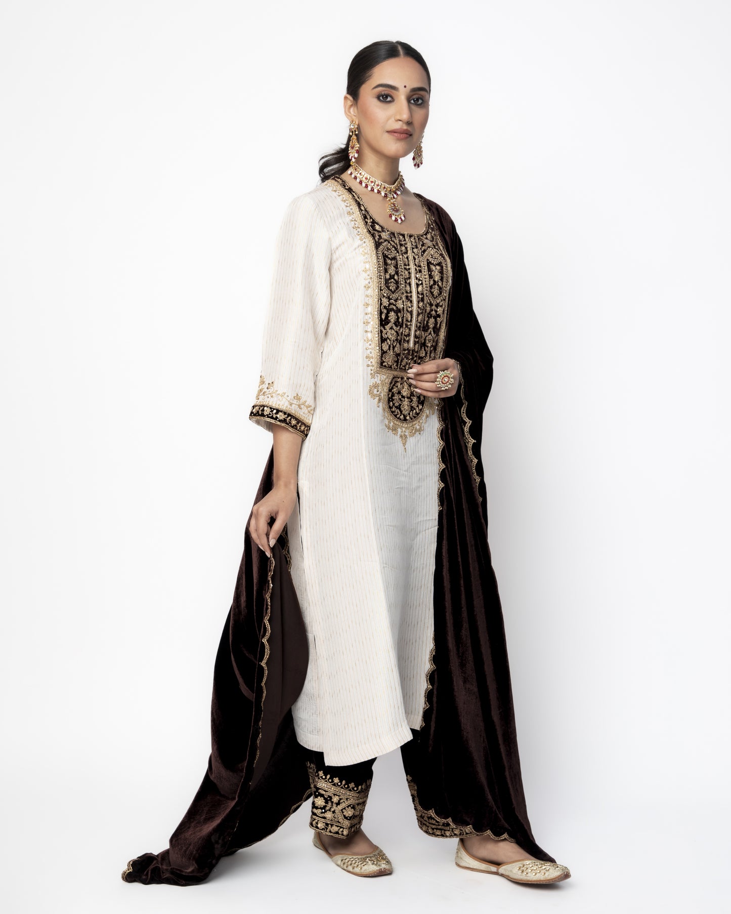 White and Brown Brocade Tunic with Velvet Pants