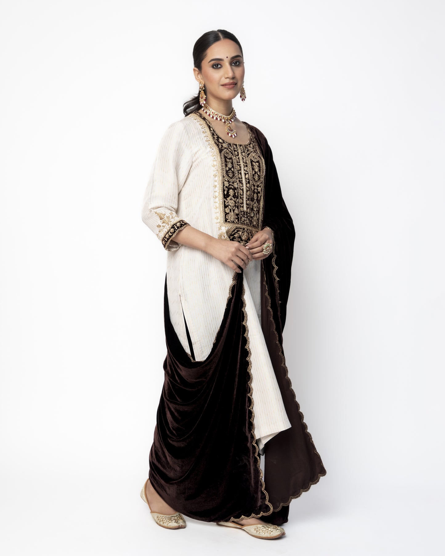 White and Brown Brocade Tunic with Velvet Pants