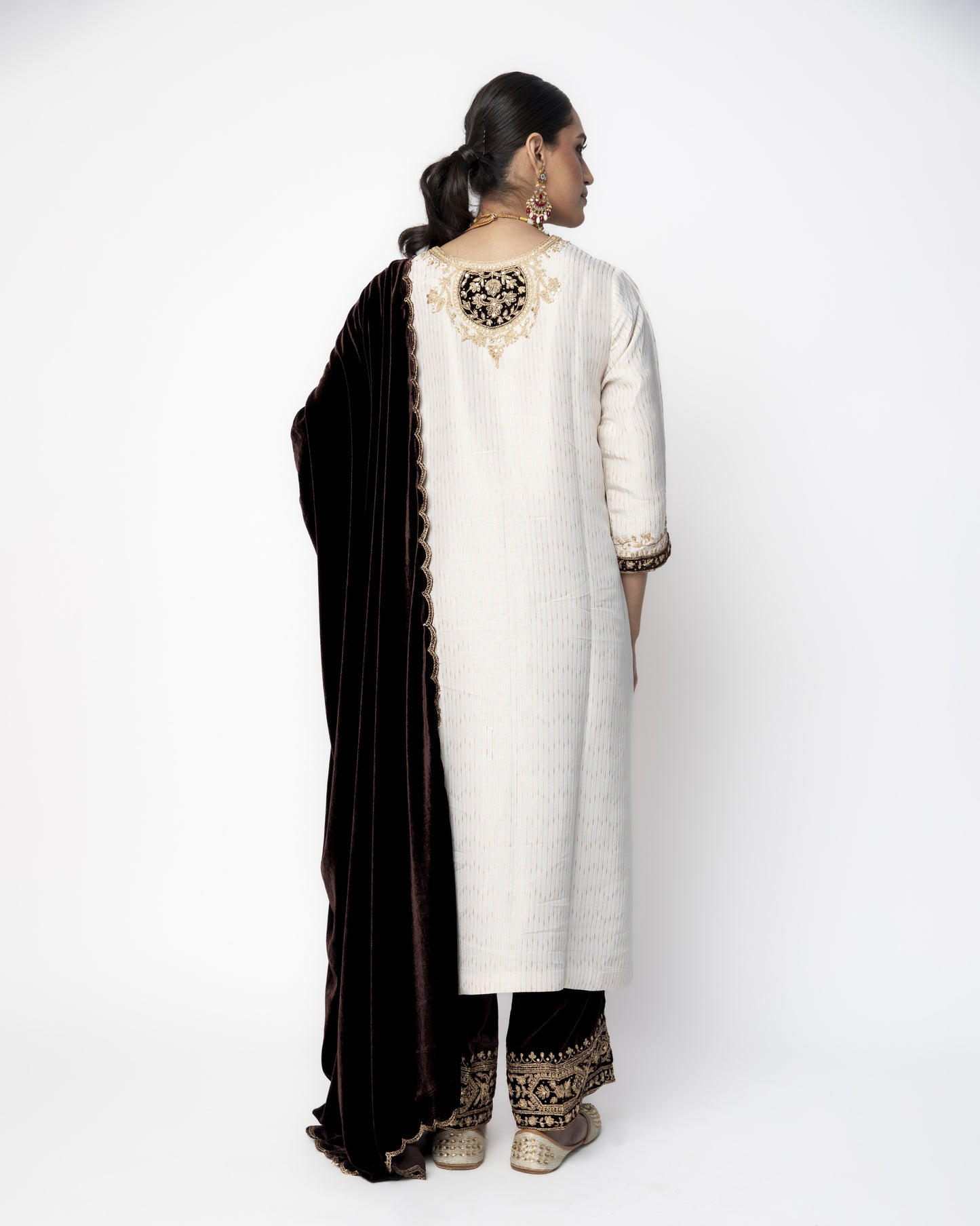 White and Brown Brocade Tunic with Velvet Pants