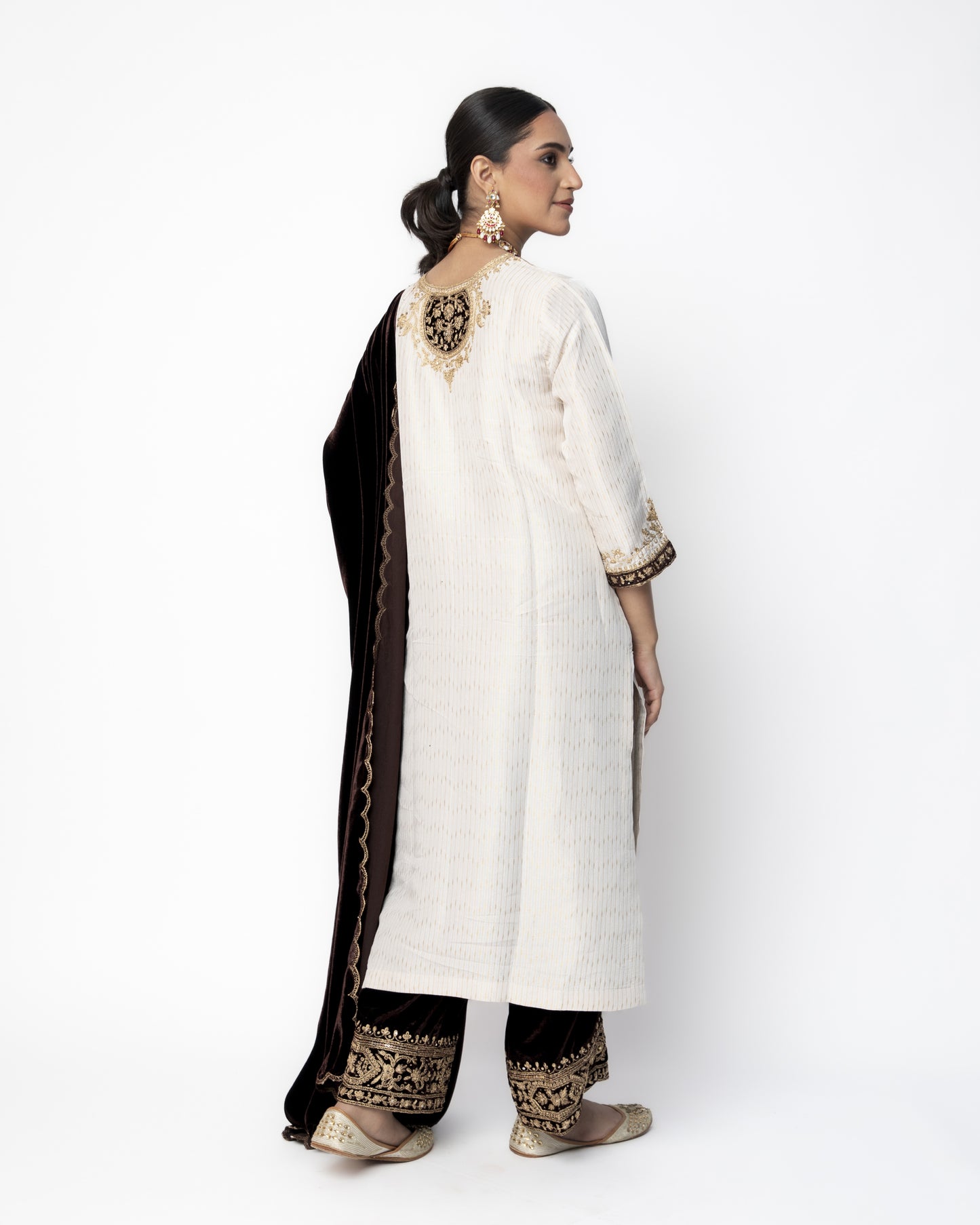 White and Brown Brocade Tunic with Velvet Pants