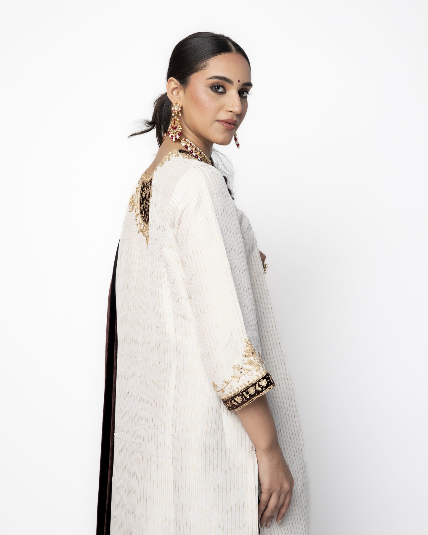 White and Brown Brocade Tunic with Velvet Pants