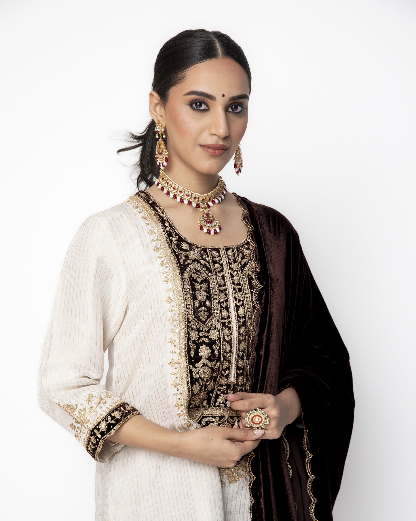 White and Brown Brocade Tunic with Velvet Pants