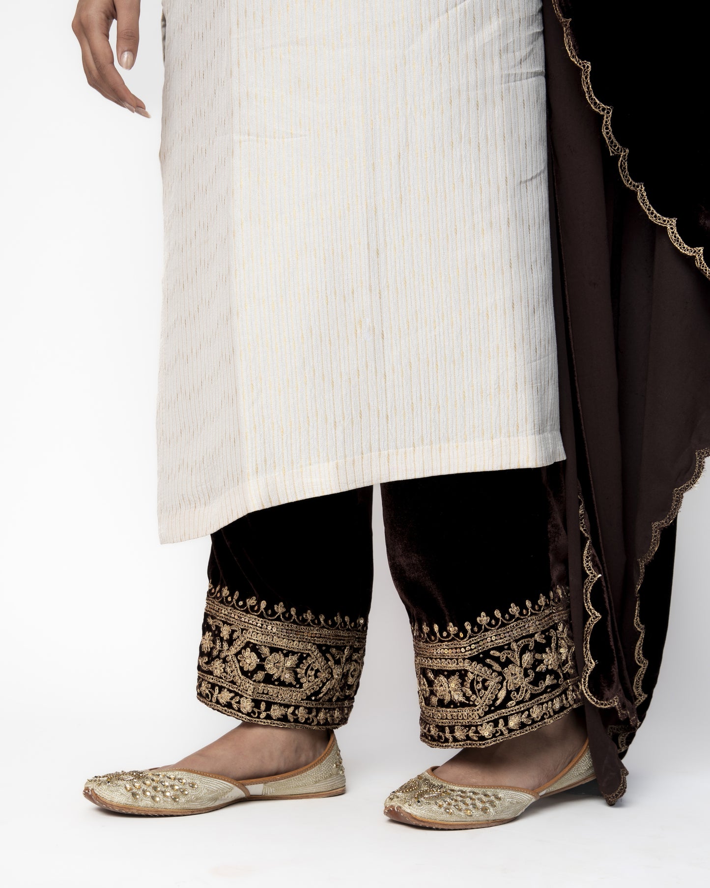 White and Brown Brocade Tunic with Velvet Pants