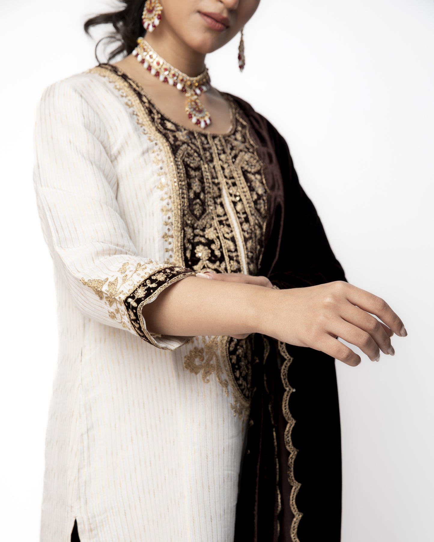 White and Brown Brocade Tunic with Velvet Pants