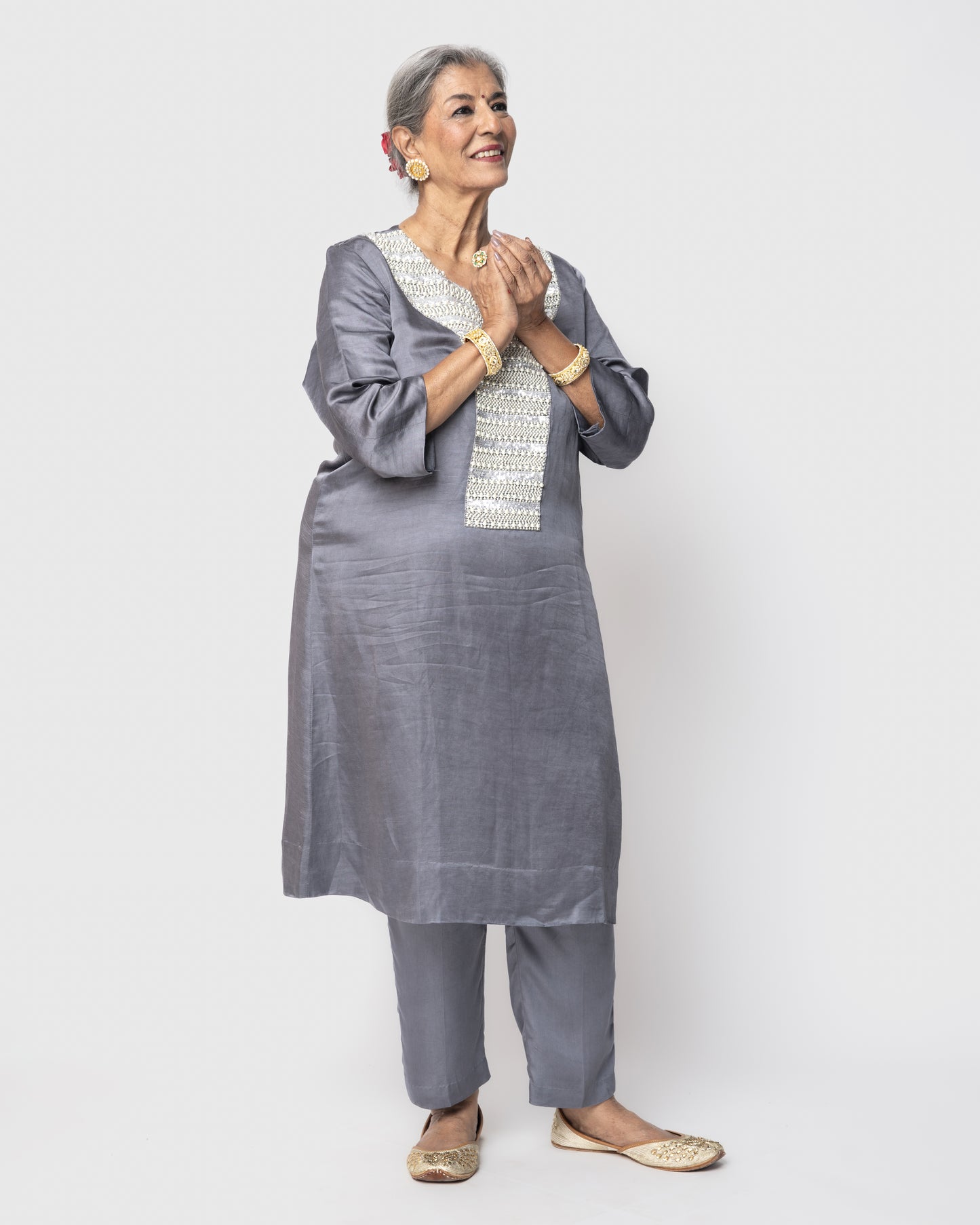 Steel Grey Tunic Set with Pearl & Sequin