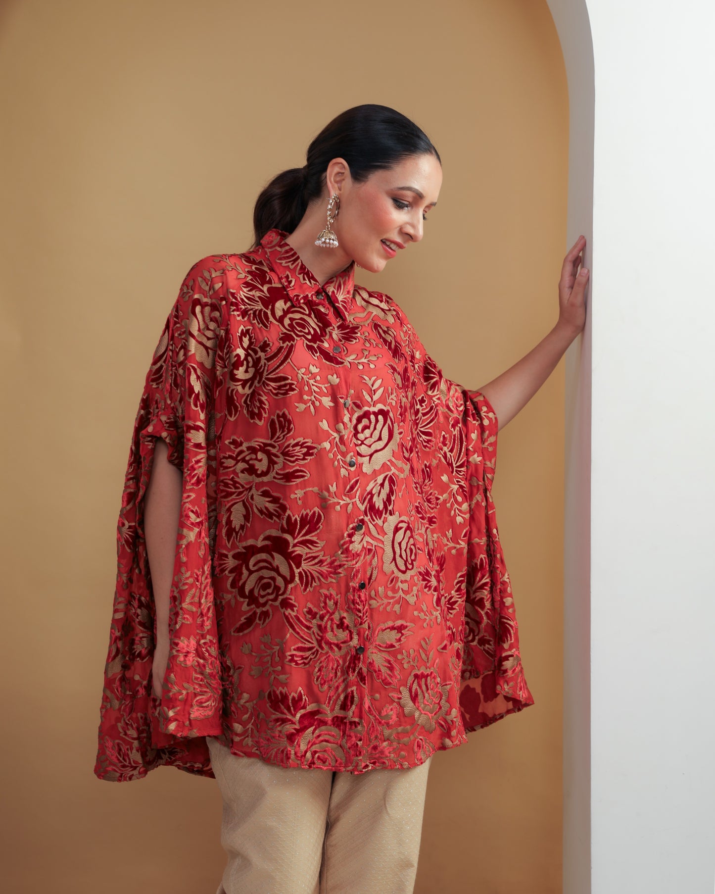 Devoré Velvet Cape Shirt Mahroom