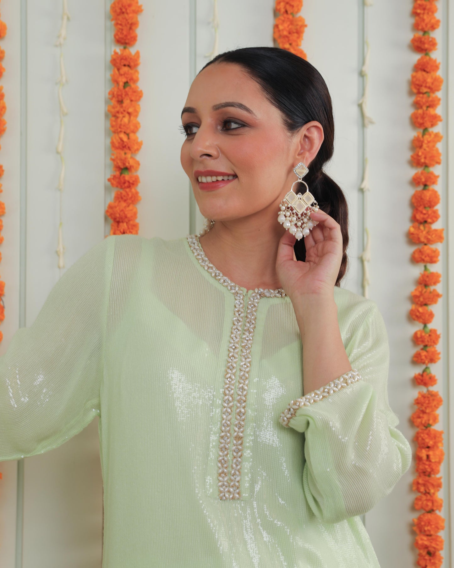 Emma Pistache Green Georgette Tunic Set