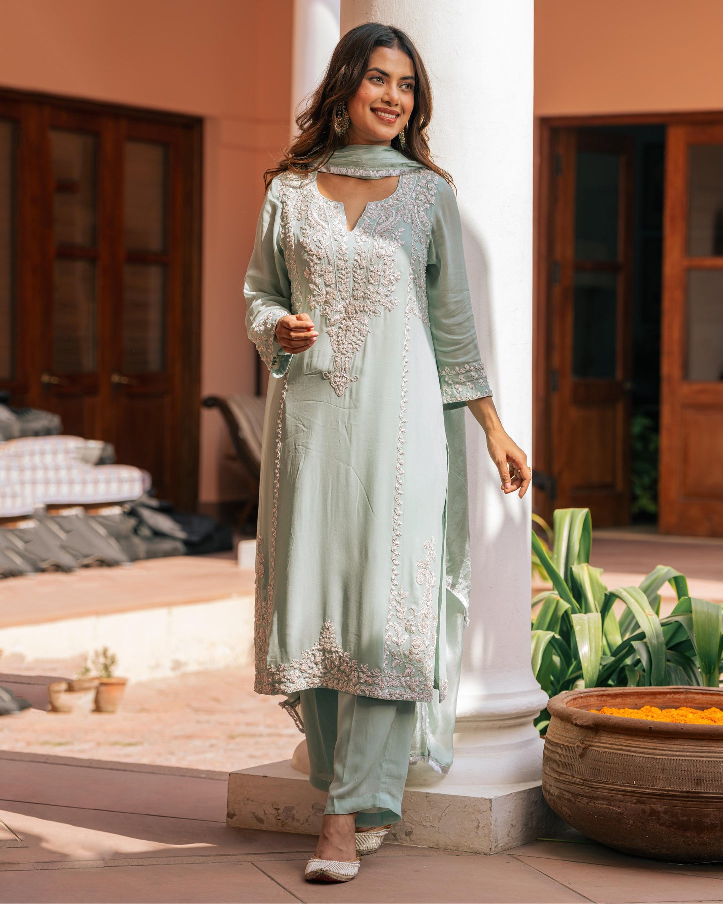 Sea Green Georgette Tunic Set with Tabby Silk Dupatta