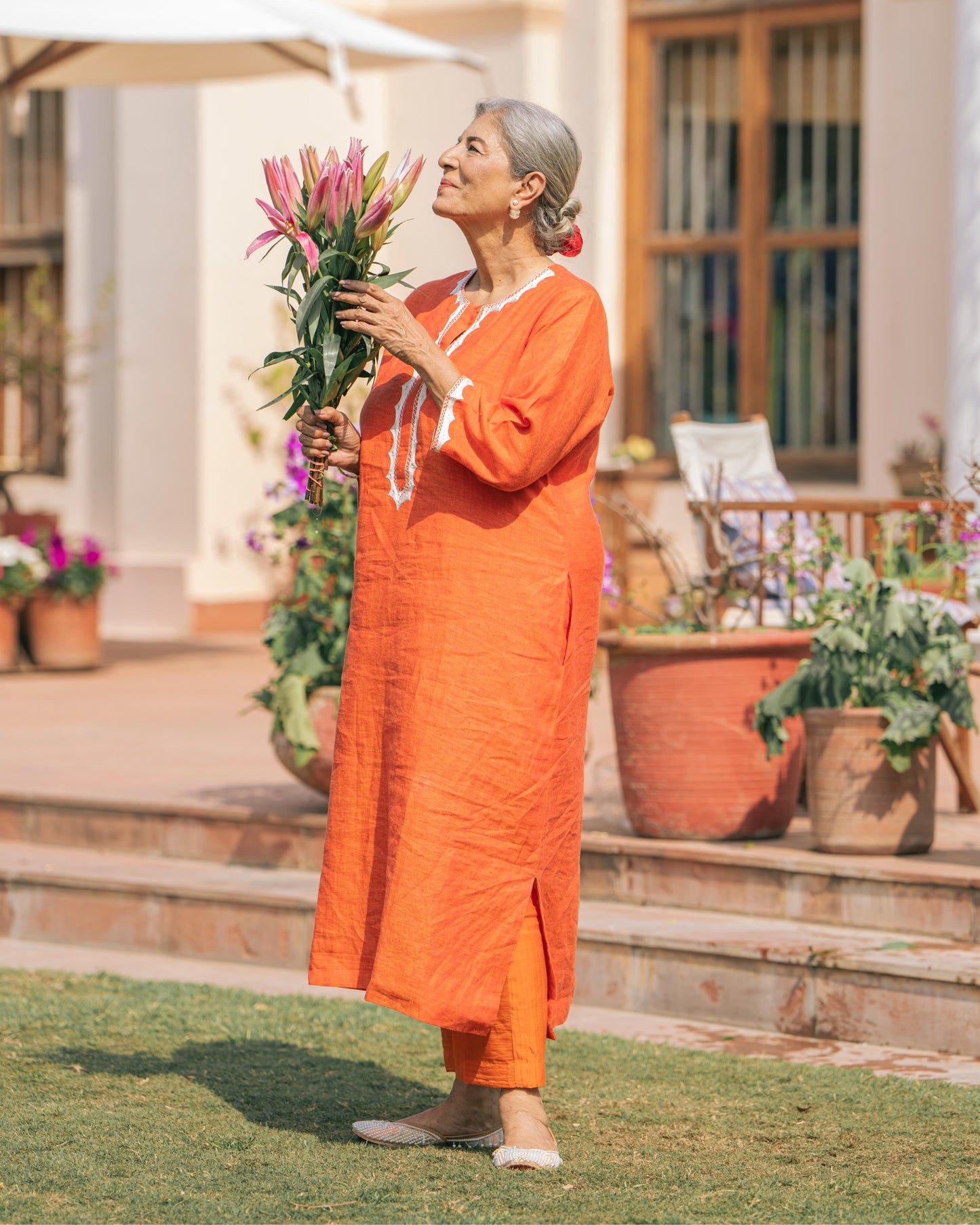 Pure Linen A-Line Orange Kurta With White Hand Embroidery and Mirror Highlight on Neck, Sleeves and Back