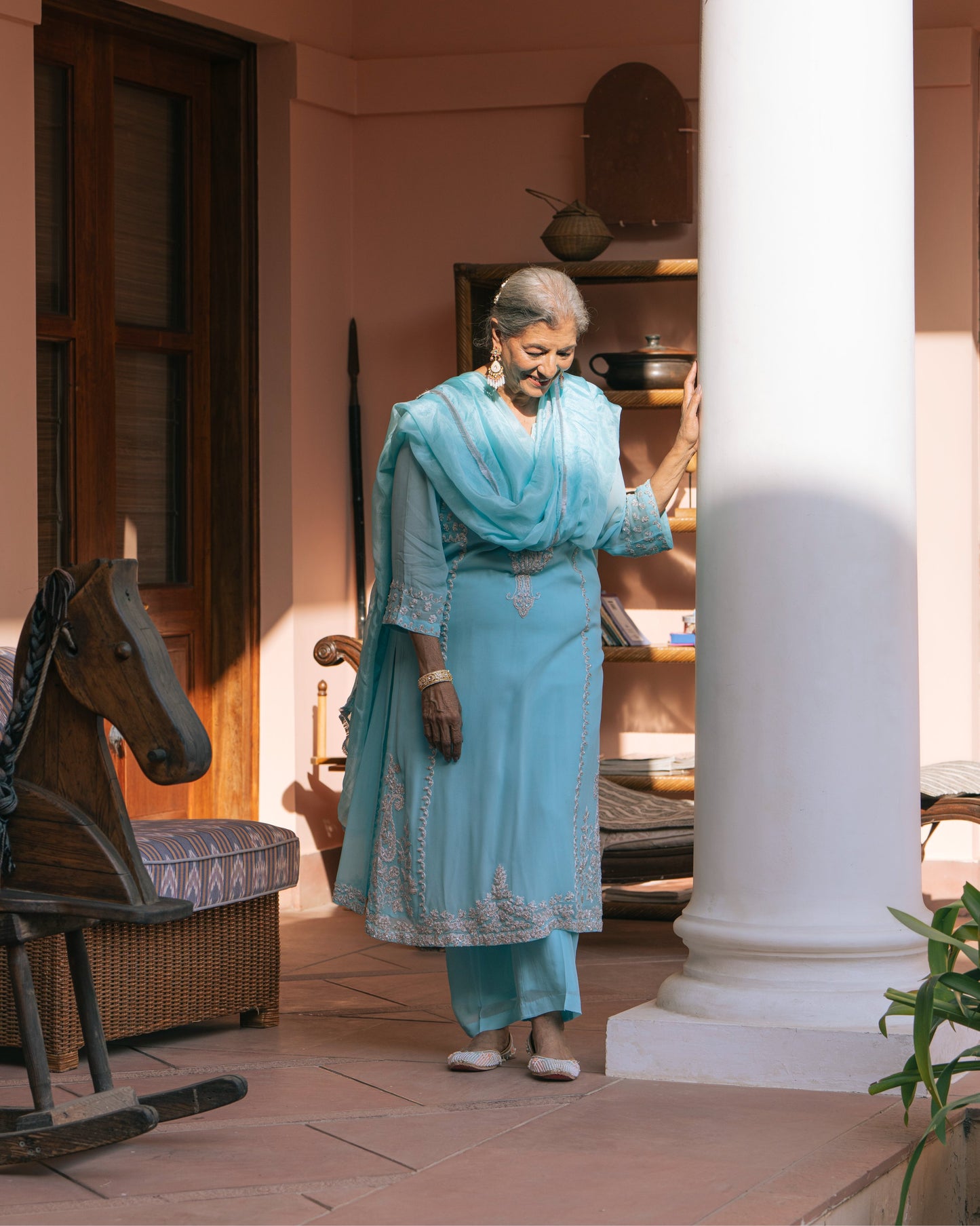 Firozi Georgette Tunic Set with Tabby Silk Dupatta